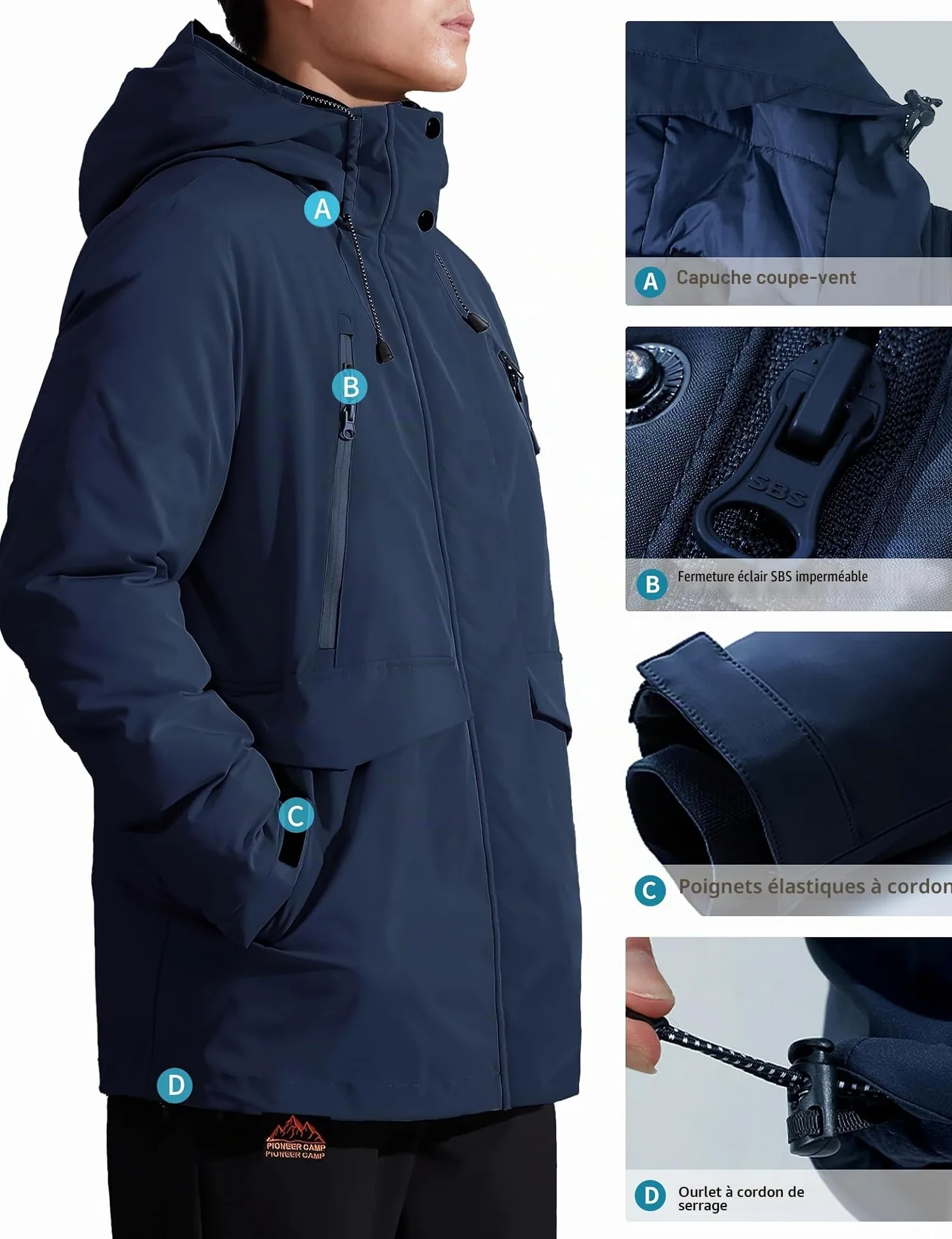 Pioneer Camp Manteau Homme Hiver Imperméable Doublé Polaire Chaud Veste avec 9 Poches Capuche Coupe-vent Isolée Homme Jacket Parka (S-XXL)