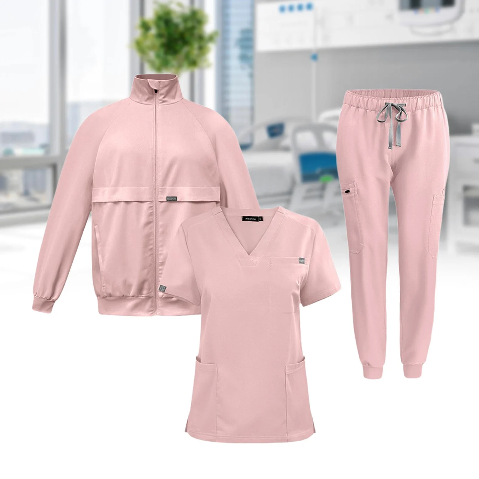 3 Pièces Ensemble Infirmière Uniforme Blouse Pantalon Veste Femme Travail Léger Pratique Polyester Adapté au Centre de Santé Pharmacie Maternité