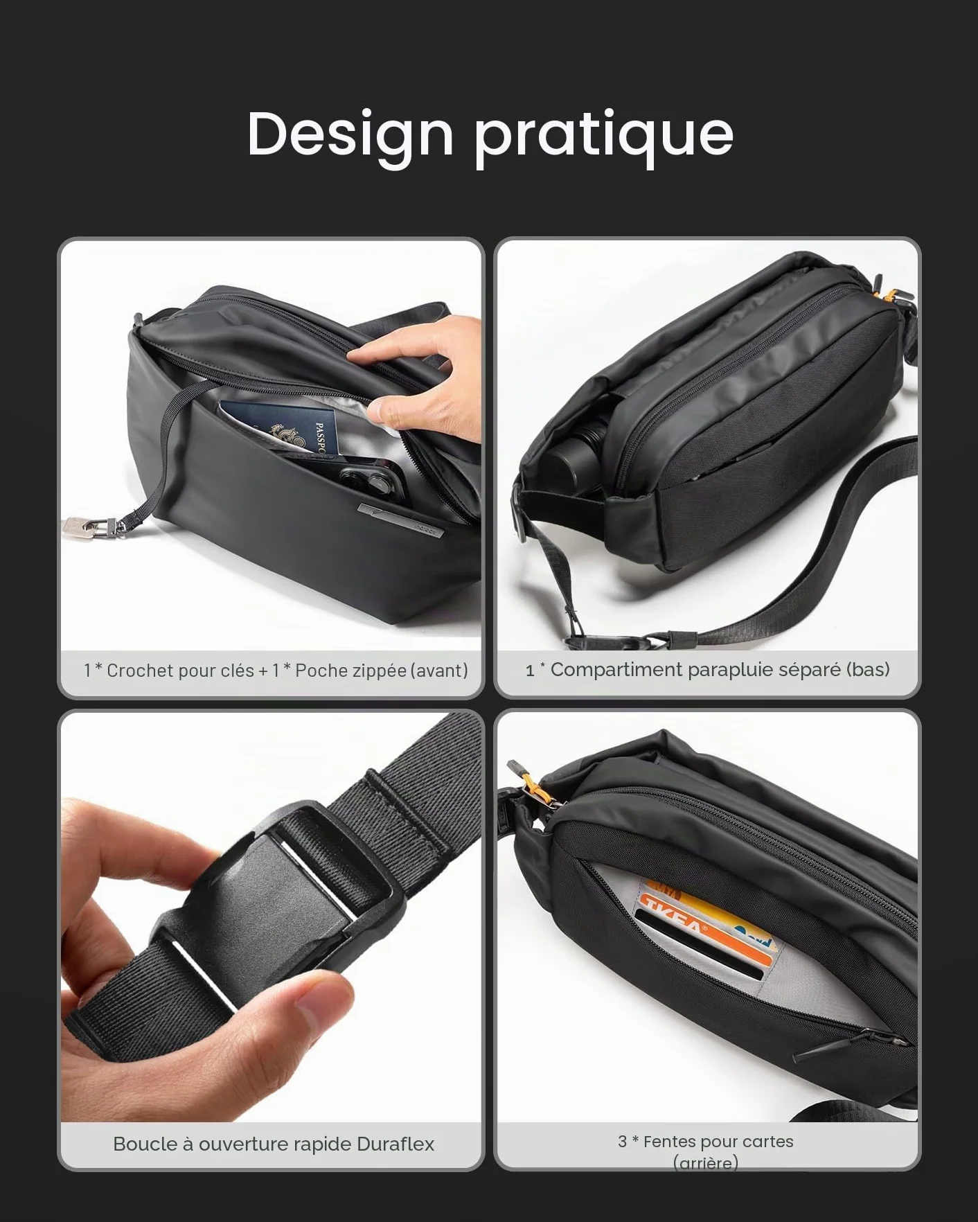 Inateck Sac Banane Hommes Femmes bandoulière réglable Sacoche Ceinture Polyvalent Voyage Randonnée Cyclisme Travail Sport Noir