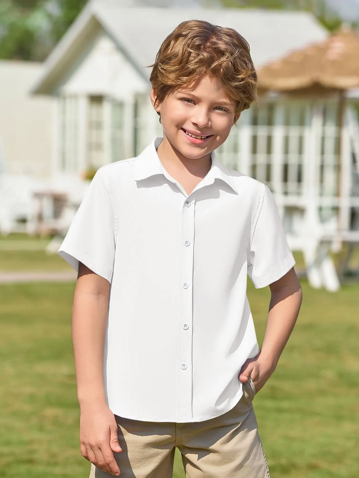 Haloumoning Chemise d'été à manches courtes pour garçon - Uni - Loisirs - Décontracté - Basique - Patte de boutonnage - Facile à repasser - 5-14 ans
