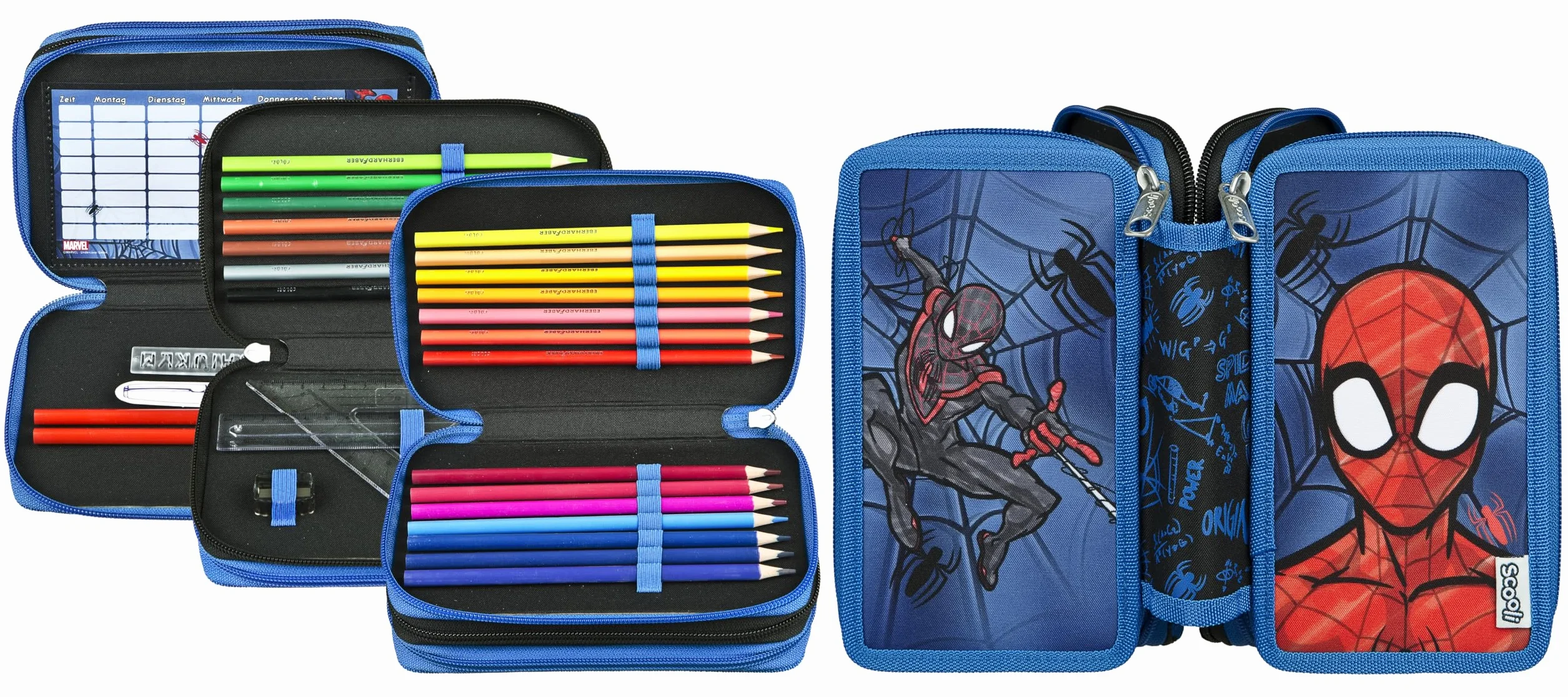 Scooli - Tripledecker Spider Man - Valise d’étudiant remplie de stylos et d’Accessoires de Haute qualité - Idéal pour l’école, Les Loisirs et Les déplacements - à partir de 6 Ans