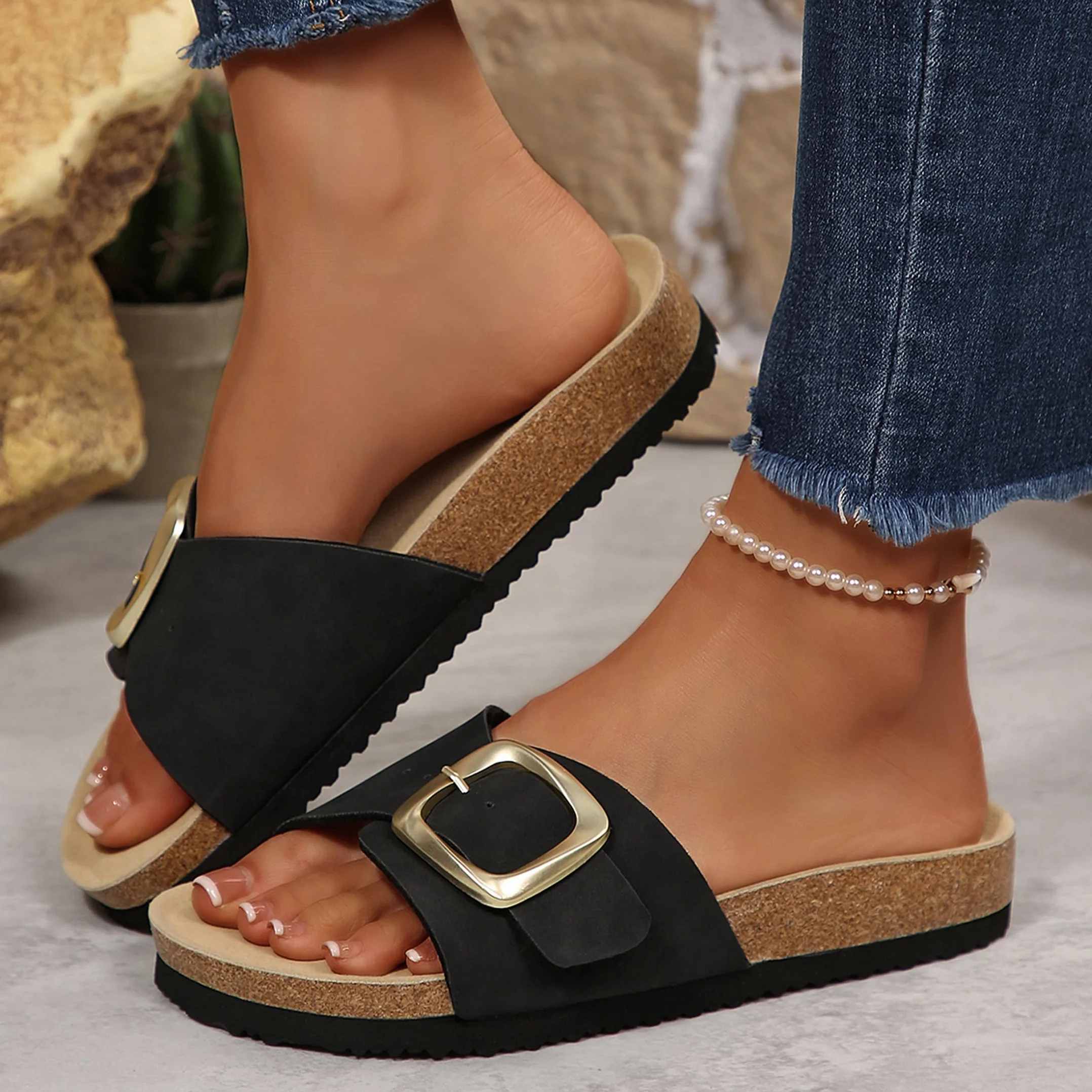 Sandales Femme Été Mules Semelle Intérieure en Liège Sandales en Daim Boucle Réglable Bout Ouvert Chaussure Piscine Plage