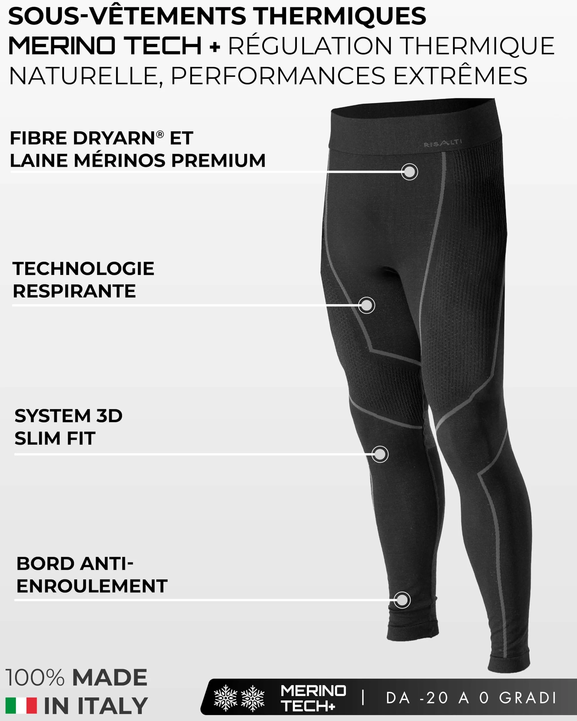 Risalti sous Vetement Thermique Homme Laine Merino Tech – Ensemble Thermique Homme Hiver avec Haut Et Collant en Laine Mérinos Premium et Dryarn, Seamless, Respirant, Thermorégulant – Made in Italy