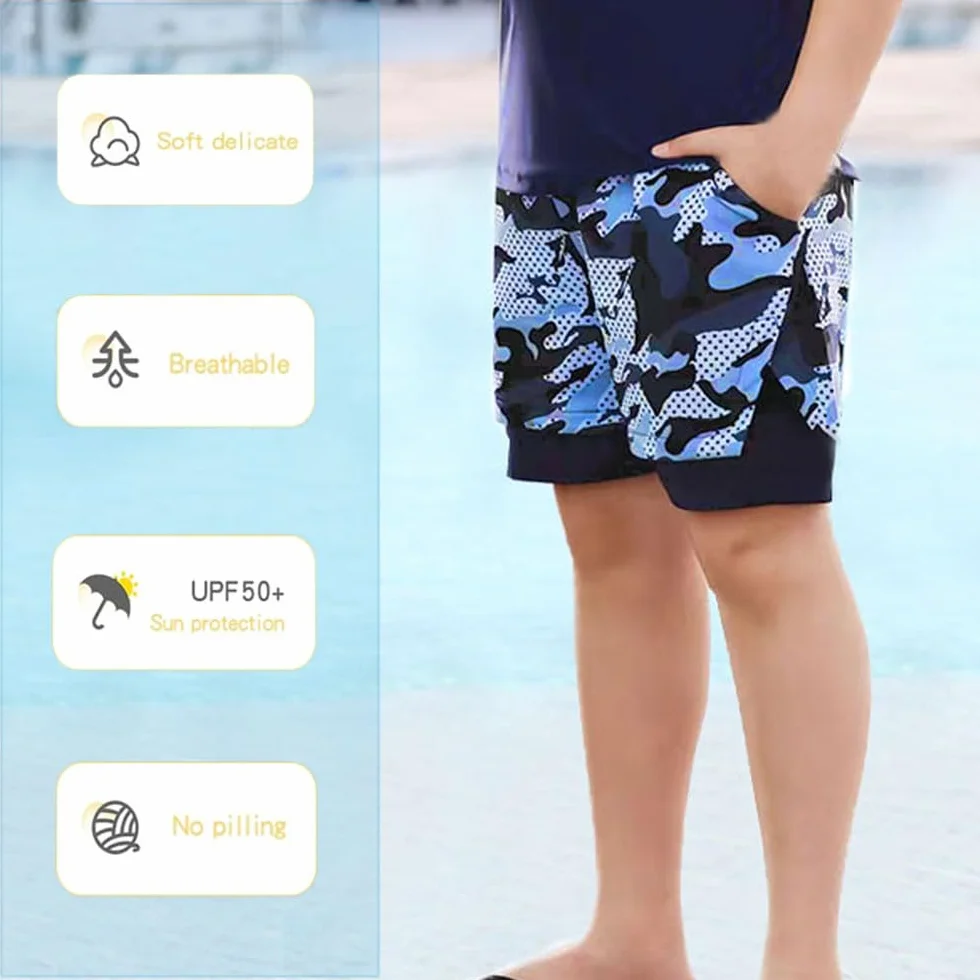 FedMois Maillot de Bain Garçon 3 pièces Combinaison Anti UV T-Shirt + Shorts de Bains avec Doublure de Compression + Bonnet de Bain