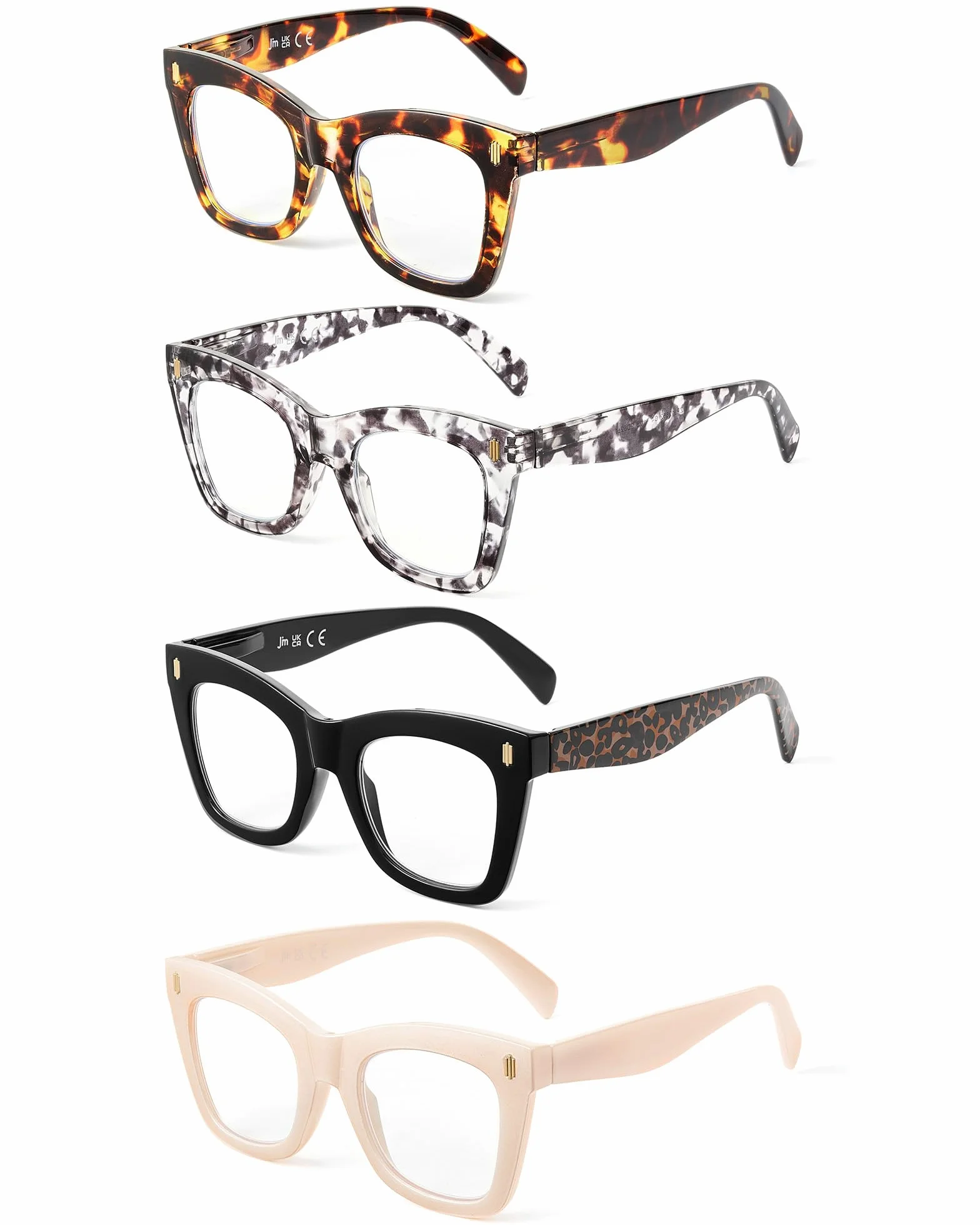 JM Lot de 4 Carré Lunettes de Lecture Femme, Mode Monture Lunettes Anti Lumière Bleue Lunettes Loupe