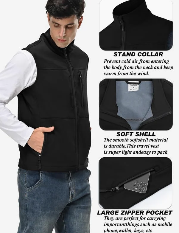 Hommes Softshell Vest Doublure Cyclisme Gilet Coupe Vent sans Manches Veste de vélo Veste d'entraînement pour Hommes Jeans Gilet de pêche Suture Protection Gilet de Travail Gilet Hommes