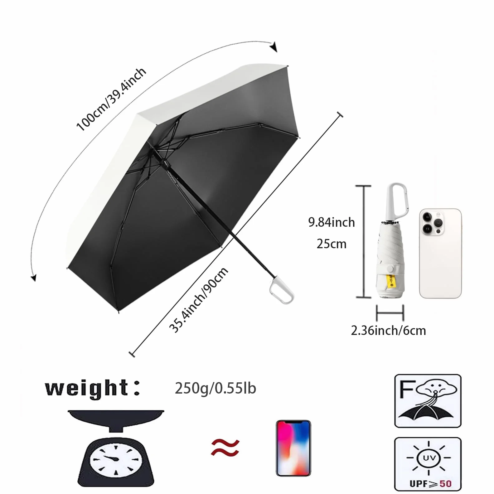 Mini Parapluie Pliant de Voyage Avec Poignée Mousqueton Pour Homme Femmes Enfant/6 Baleines/Compact Portable/Déperlant/Soleil Pluie/Poche/Revêtement en Téflon/Anti UV Protection/Ultra Léger