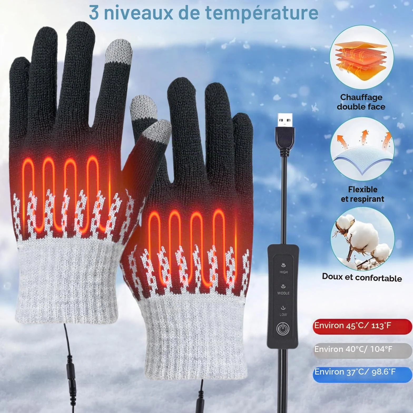 Gants chauffants USB homme femme gants chauffe-mains électriques pour intérieur extérieur température réglable gants chauffe-mains