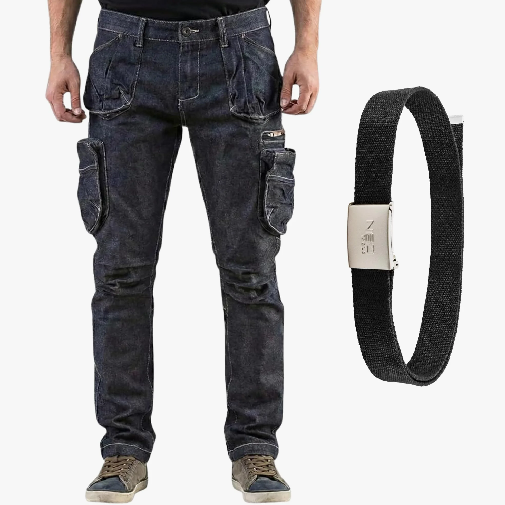 NEO TOOLS Pantalon de travail en denim pour homme avec ceinture, résistant, Bleu marine, 52 | Pantalon de travail universel multi-poches en jean stretch pour homme