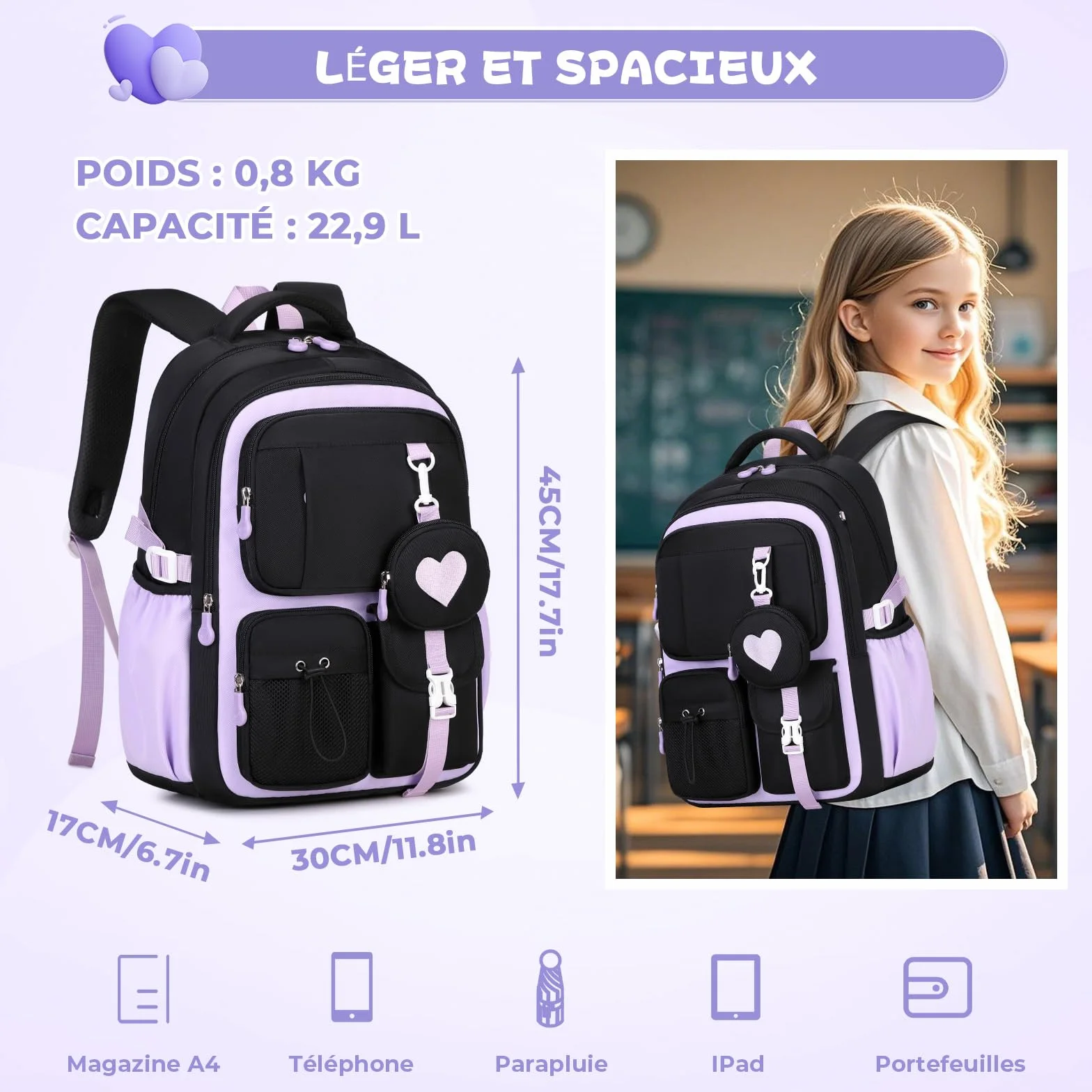Sac à dos Fille Primaire Respirant avec Bandes Réfléchissantes, Sac d'école Ergonomique Léger