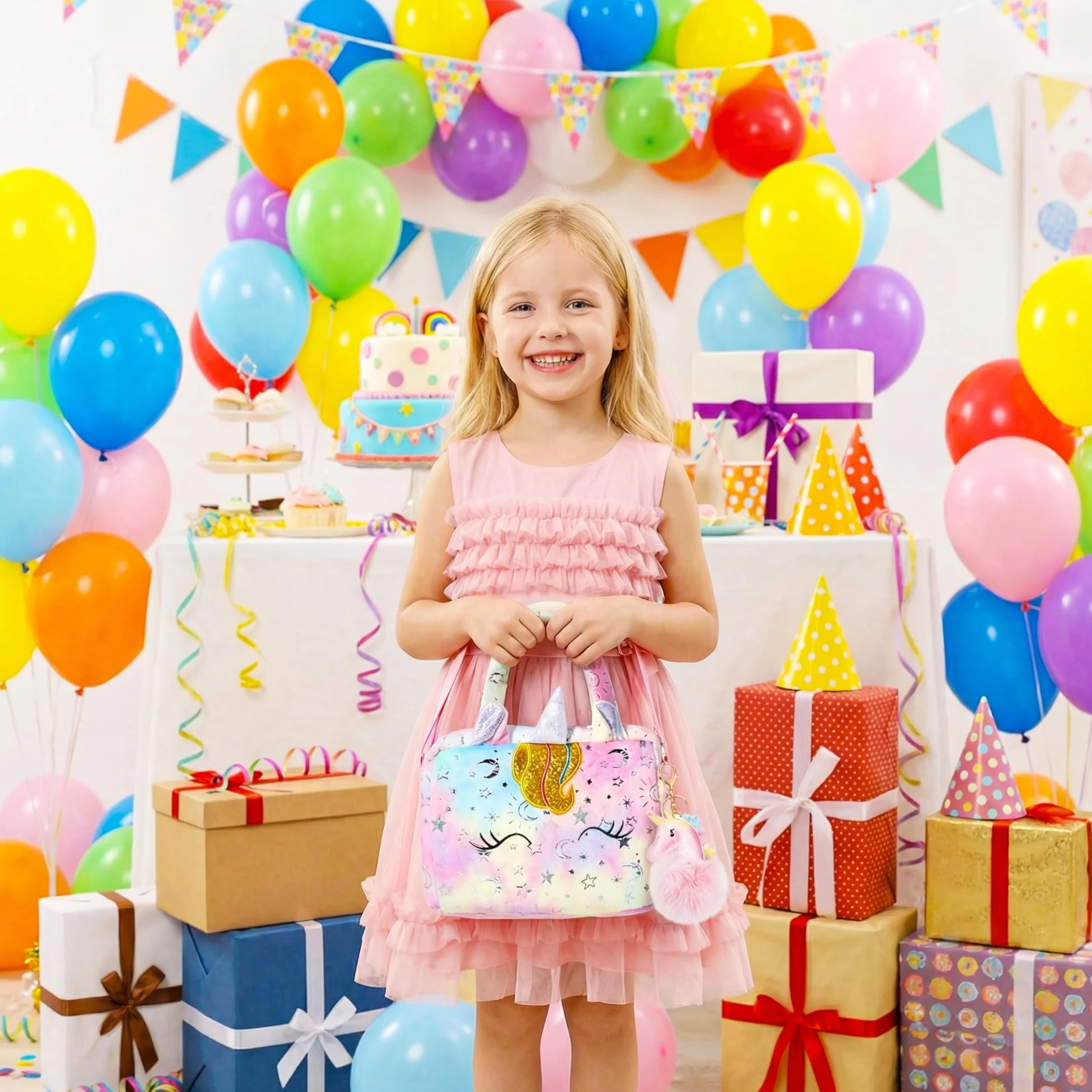 Sac à Bandoulière Fille, Mignonnes Sac à bandoulière en Peluche Tie-dye Sac à Main et Épaule avec Porte-clés Pom pour les Cadeaux de Faveurs de Filles et d'enfants Rose