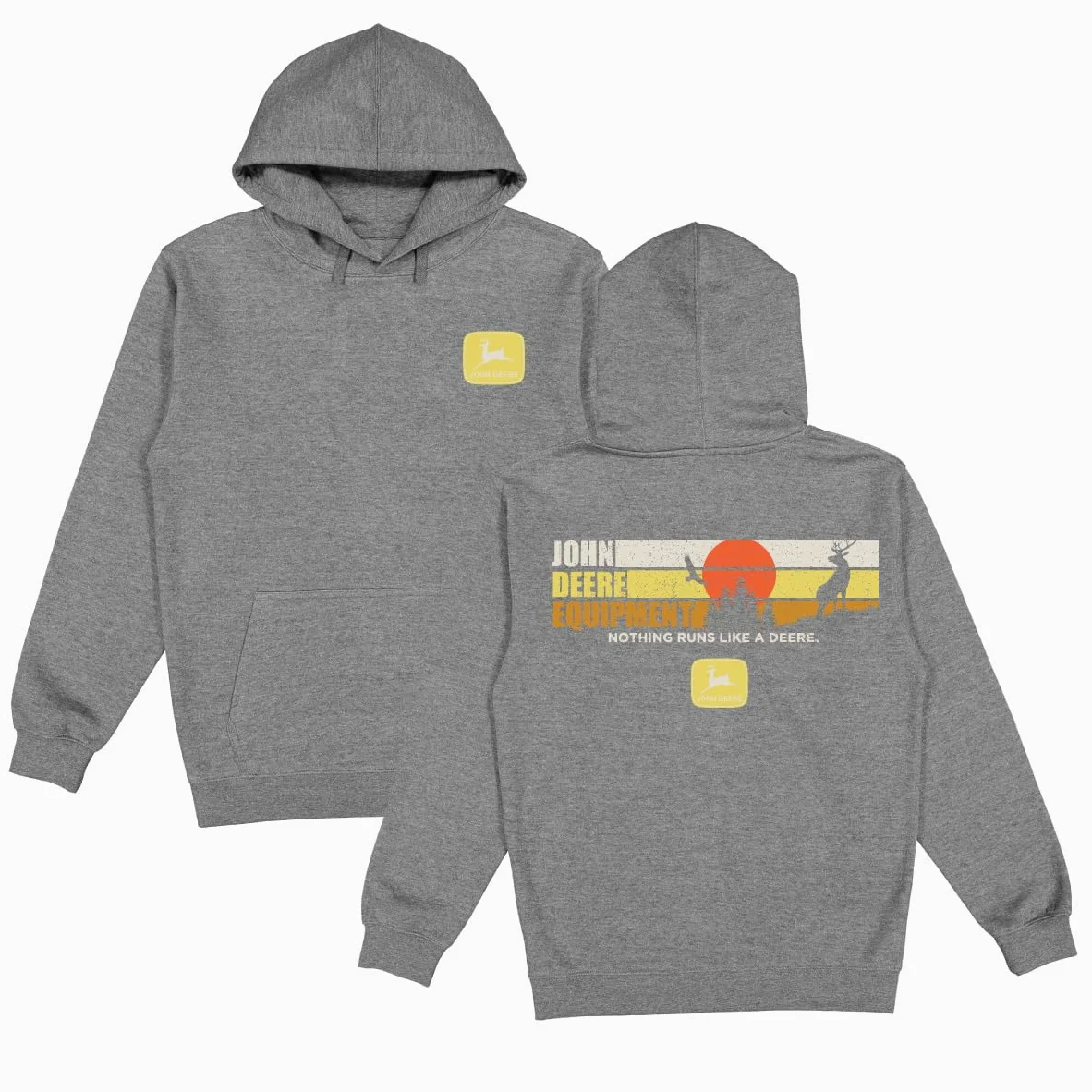 JOHN DEERE Sweat à capuche gris à manches longues avec logo et imprimé « Nothing Runs Like a Deere » dans le dos pour agriculteurs et fans