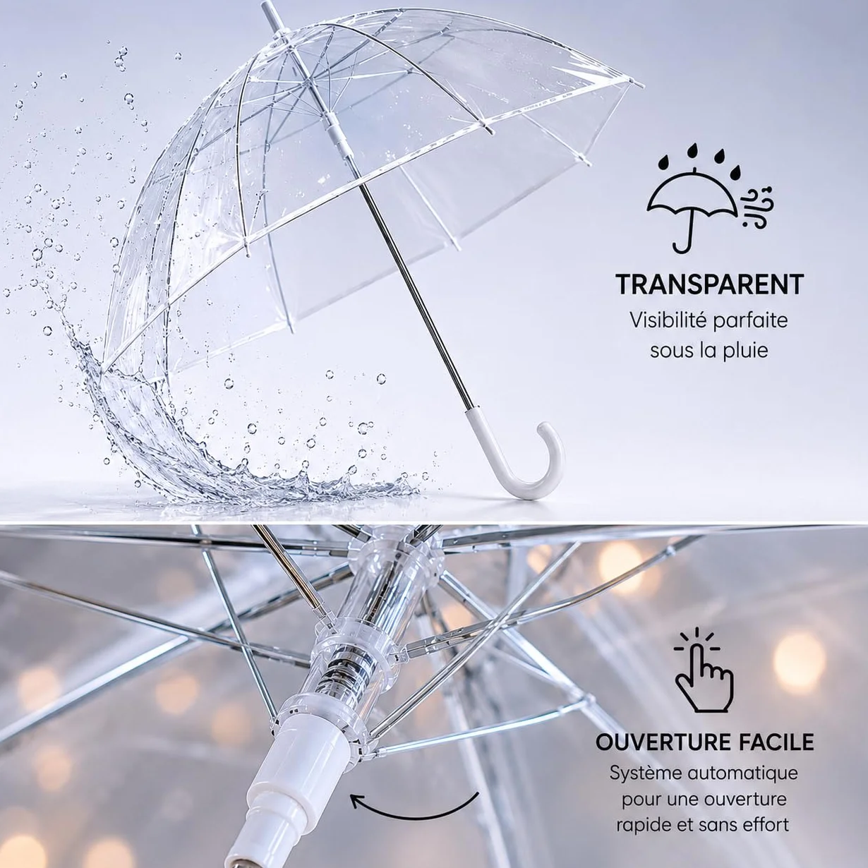 O³ Parapluie Transparent Cloche-Parapluie Resistant au Vent-Grand Paraluie Idéal pour de Jolies Photos de Mariage-Léger et Facile d'utilisation