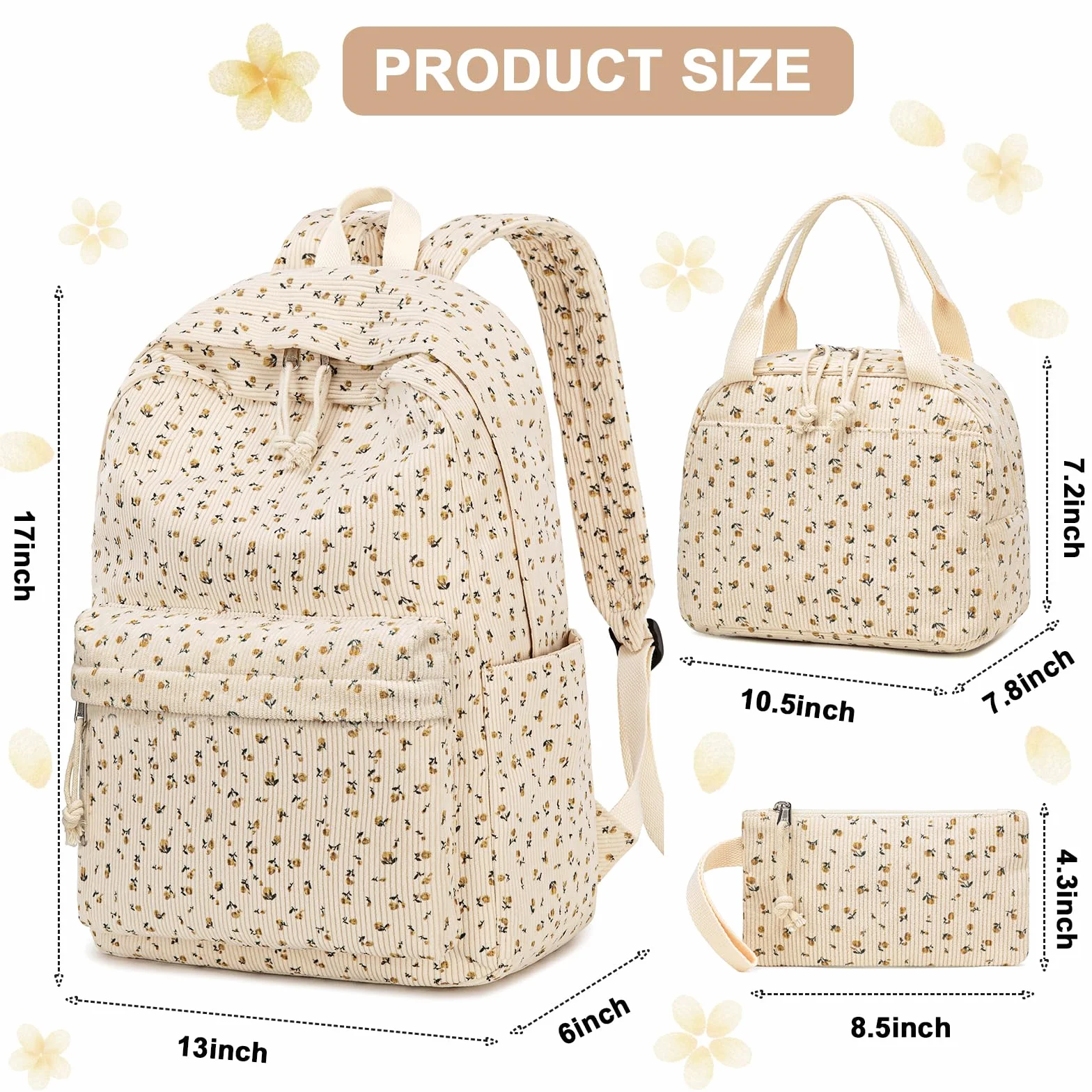 Sac à dos d'écolier pour fille, adolescente, femme, sac à dos, cartable, 3 pièces, décontracté, avec sac à déjeuner et trousse, beige petite fleur, Sac à dos pour enfant