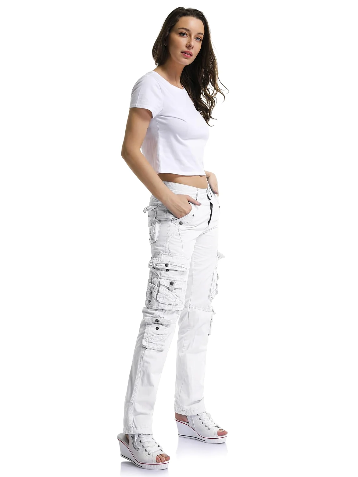 Aeslech Pantalon de travail cargo décontracté en coton pour femme - Taille haute - Pour voyage, randonnée, Y2K - Avec plusieurs poches