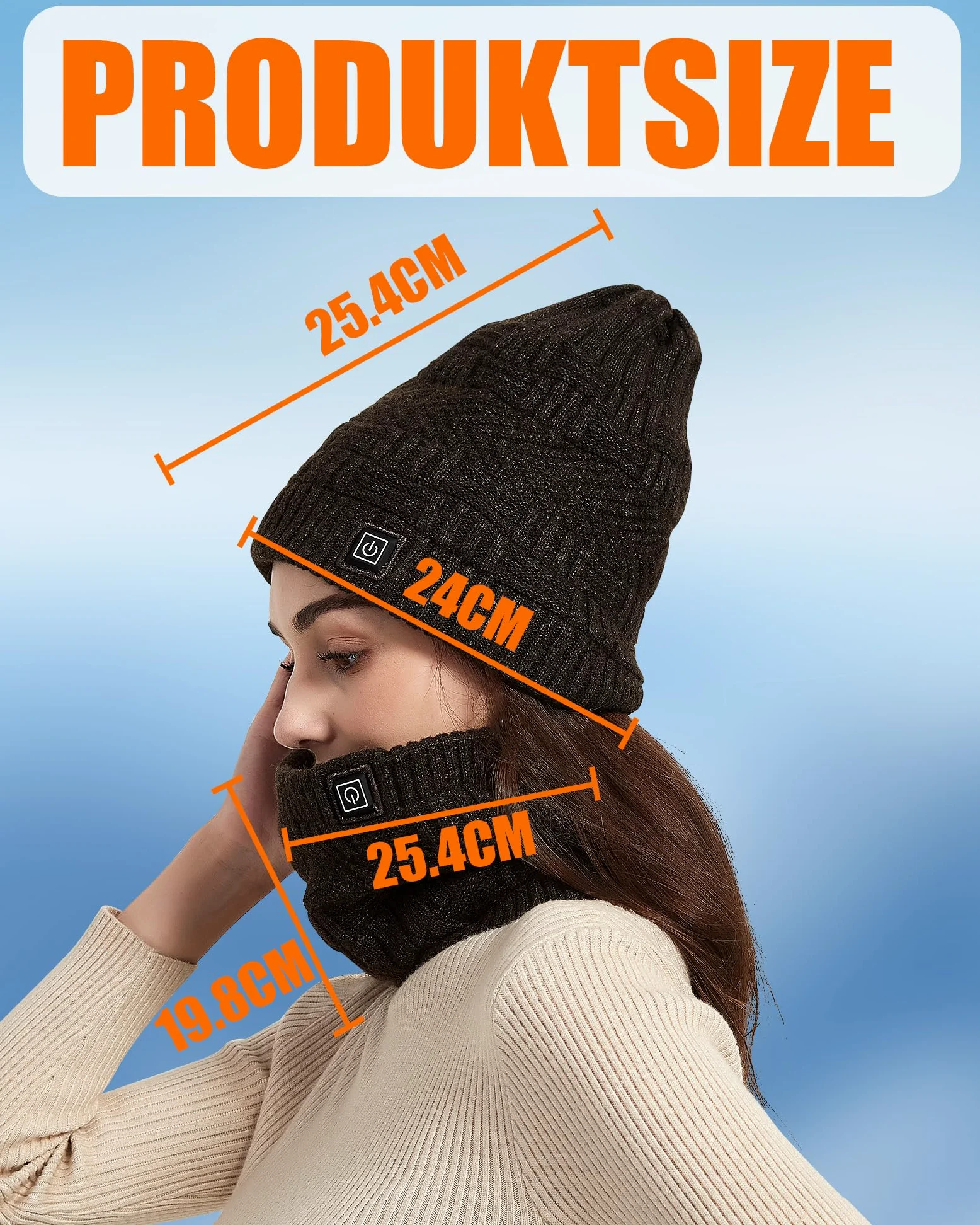 CYCYHEAT Bonnet chauffant - Écharpe chauffante et bonnet chauffant pour hommes et femmes avec batterie de 4000 mAh - 3 niveaux de température, Cache-cou noir + chapeau, taille unique