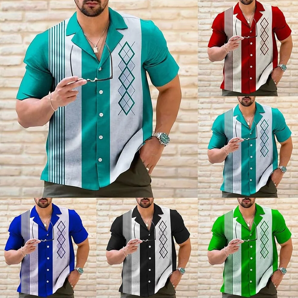Chemise de bowling rétro à rayures pour homme, style décontracté, vintage, manches courtes, boutonnée (XL noir)