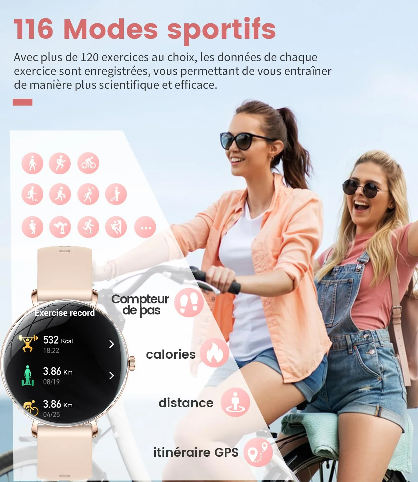 Léger Montre Connectée Femme avec Extra-plat Écran Courbé AMOLED Bluetooth Appels Podómetro/Fréquence Cardiaque 100+ Modes Sportifs 5ATM Imperméable Smartwatch pour Femme Android iOS Rose Dorée
