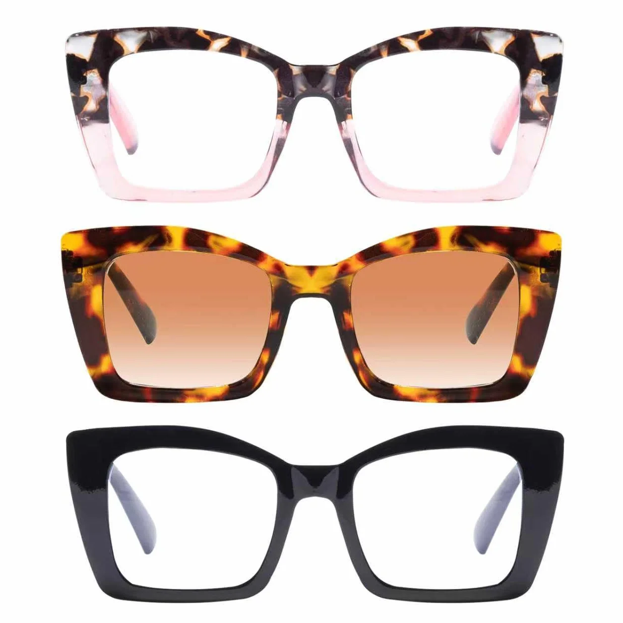 Lot de 3 Oprah Lunettes de Lecture Oversize pour Femmes, Lunettes Loupe Carrées Surdimensionnées Anti-Rayons Bleus, Lecteurs Mode et Charnières à Ressort