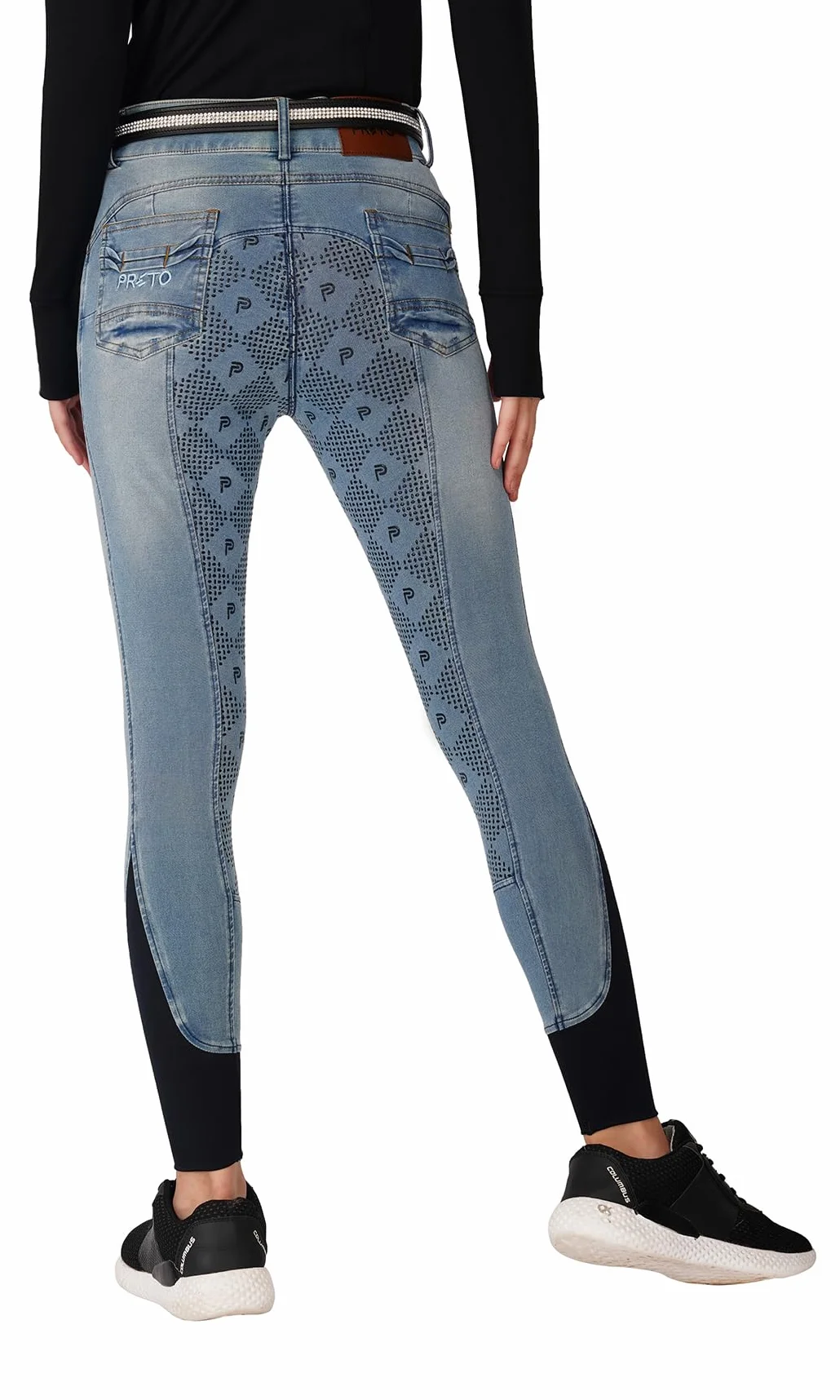 Preto Pantalon d'équitation en denim de qualité supérieure pour femme - Siège complet - Grip en silicone - Doux et extensible - Avec poches