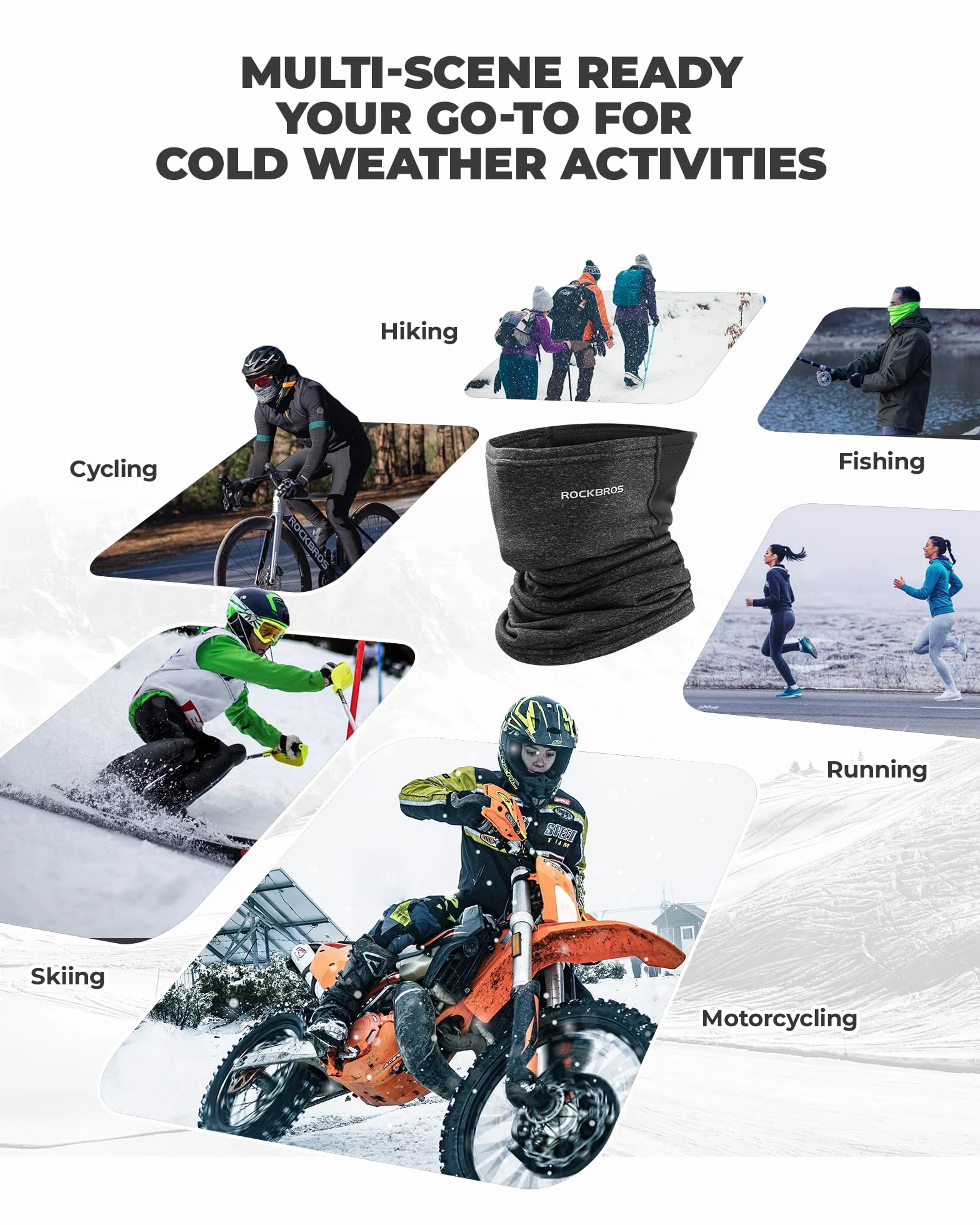 ROCKBROS Cache Cou Moto Polaire Hiver Tour de Cou Thermique Masque Sport Chaud Coupe-Vent Cache Col Unisexe Élastique Anti-Poussière Multifonctionnel Épais Vélo Noir/Gris Claire/Gris Foncé/Vert Fluo