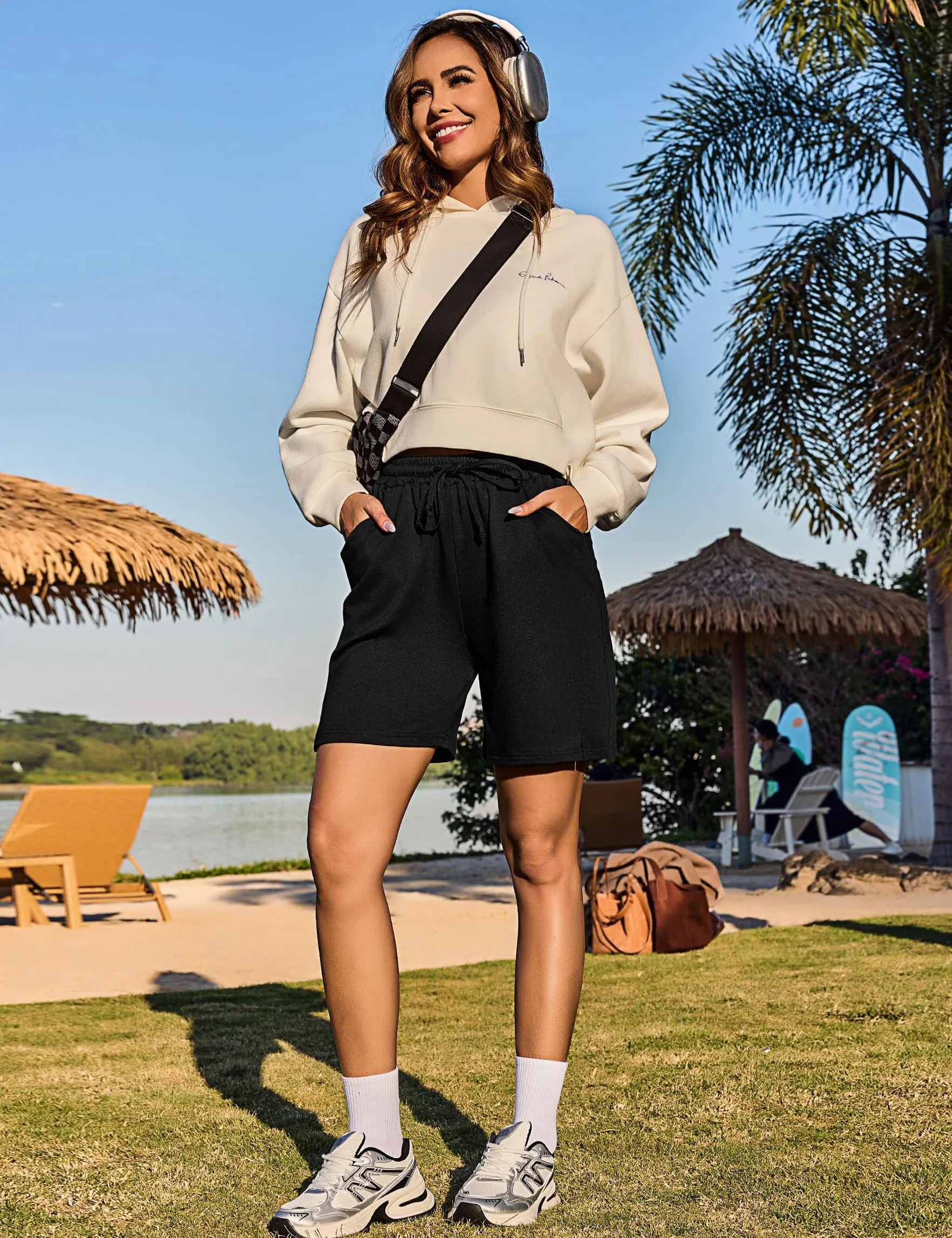 Femme Bermudas Pantalon Court Été Shorts de Sport Femme avec Cordon Élastique et Poches pour Yoga Fitness Gym Jogging S-XXL