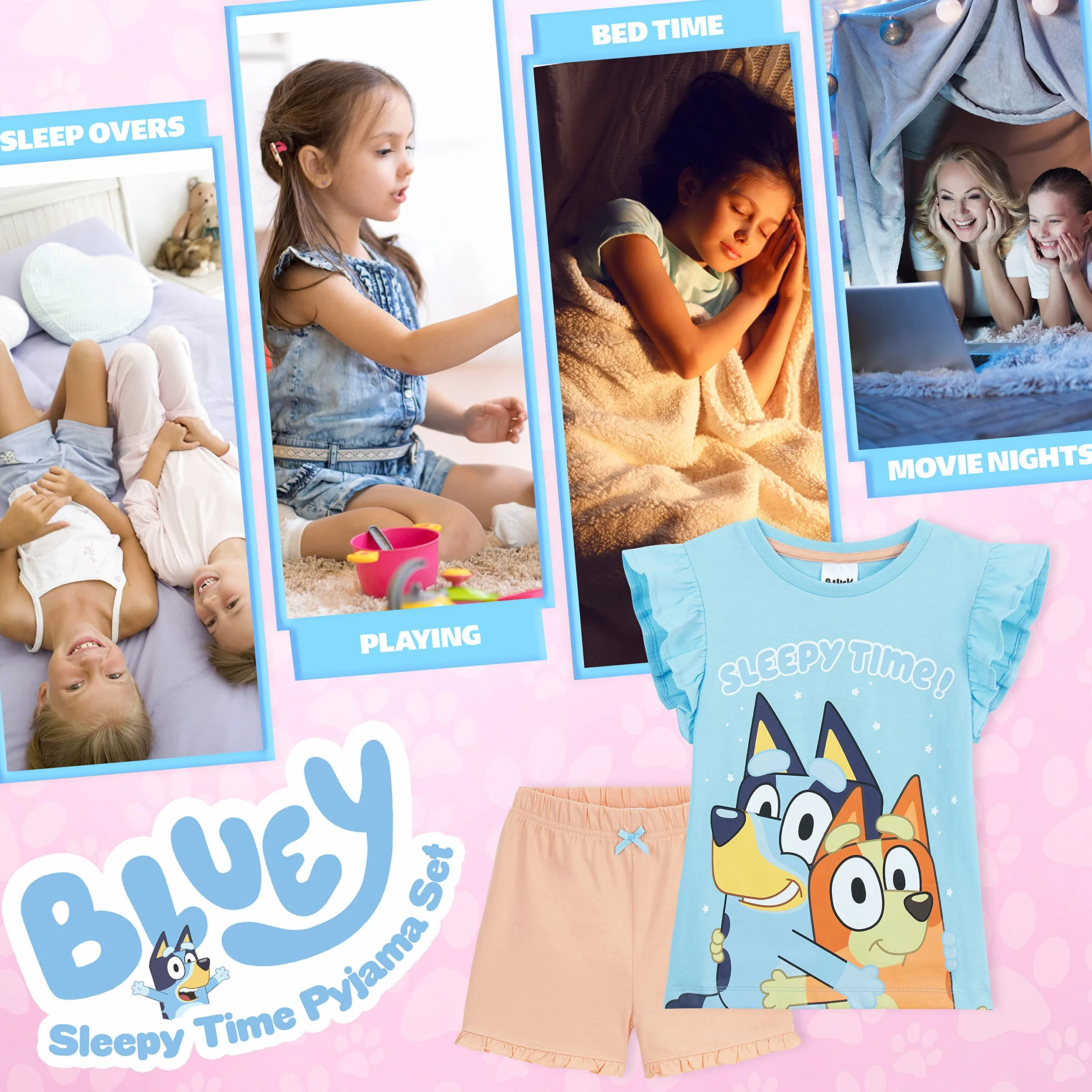 BlueY Pyjama Fille Garcon, Ensemble de Pyjamas Enfant Officiel Dessin Animé, Ensemble T-Shirt et Short, Vêtement de Nuit Coton Tailles 2 au 6 Ans