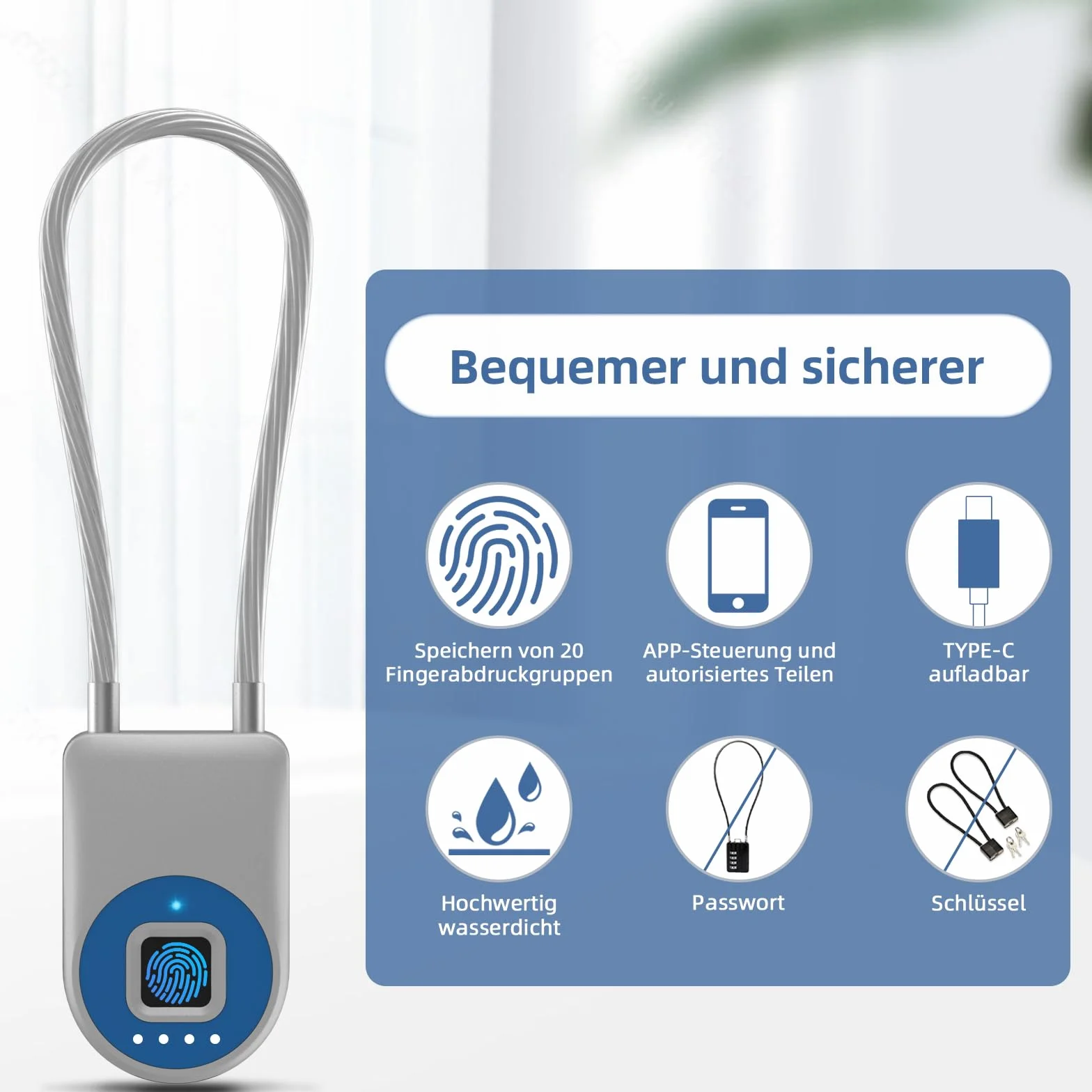 Anweller Cadenas à empreintes digitales avec câble antivol 22 cm pour vélo scooter électrique