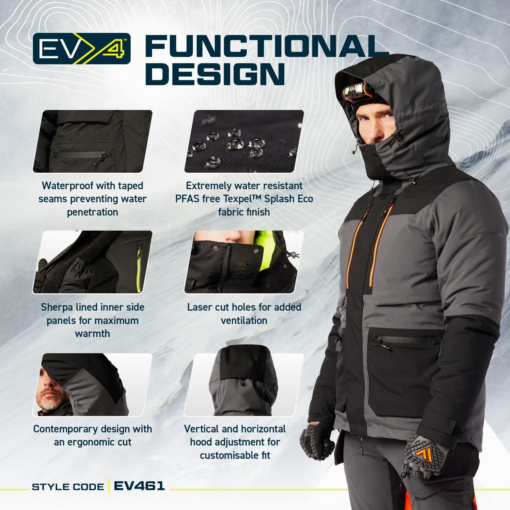 Portwest EV461 Parka d'hiver imperméable pour homme – Veste de pluie isolée respirante réfléchissante avec capuche et coutures soudées