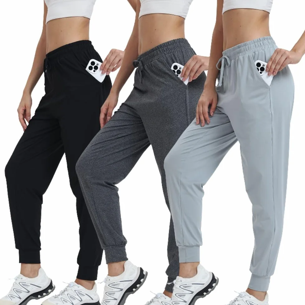Lot de 3 pantalons de survêtement longs pour femme - Pantalon d'entraînement fitness taille haute - Pour le sport, le yoga, les loisirs - Avec poches