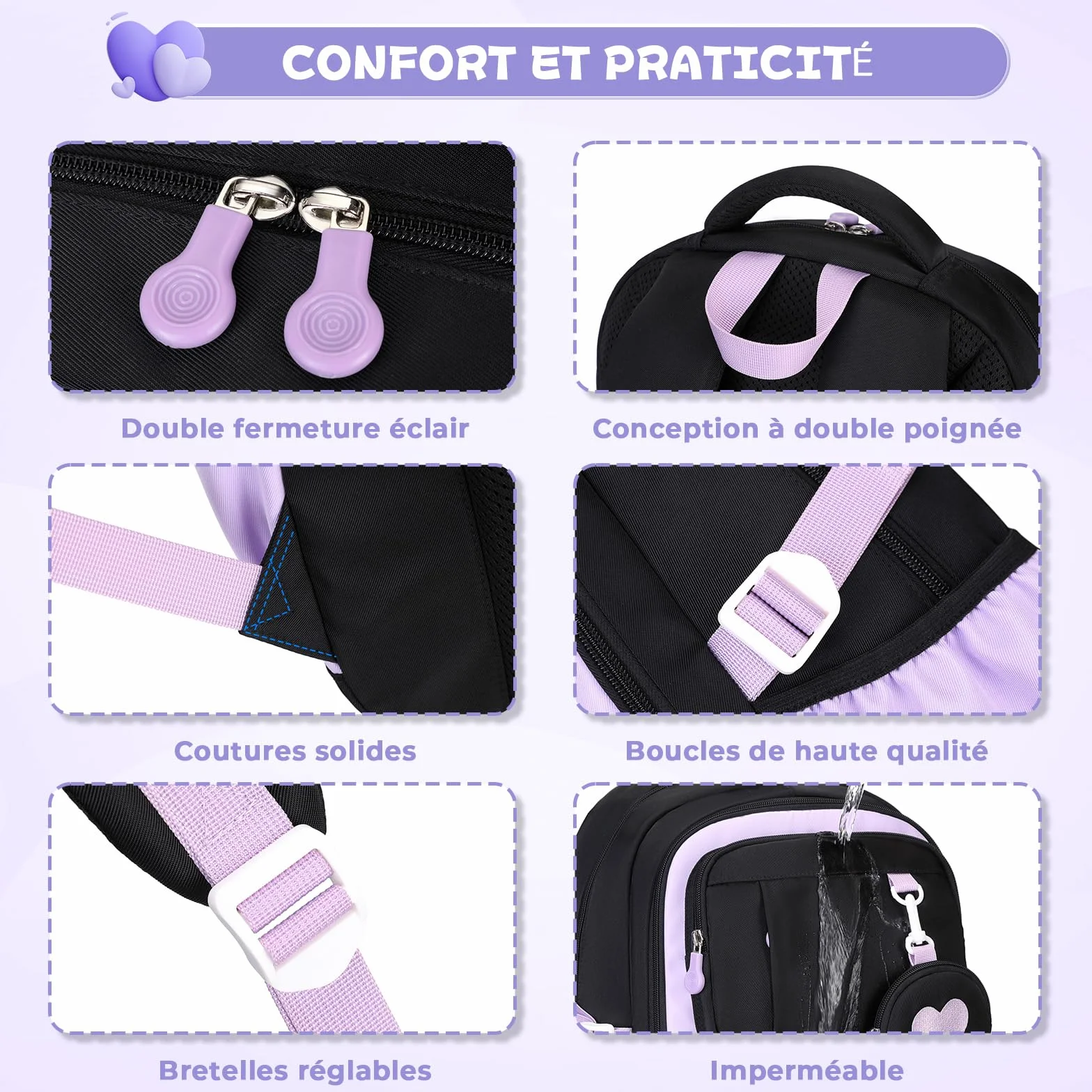 Sac à dos Fille Primaire Respirant avec Bandes Réfléchissantes, Sac d'école Ergonomique Léger