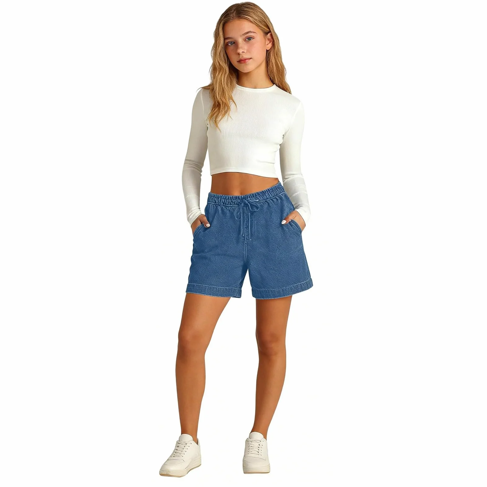 Short en jean ample pour filles - Short d'été à taille élastique avec poches à cordon de serrage - Respirant - Jambe large - Pantalon de sport décontracté