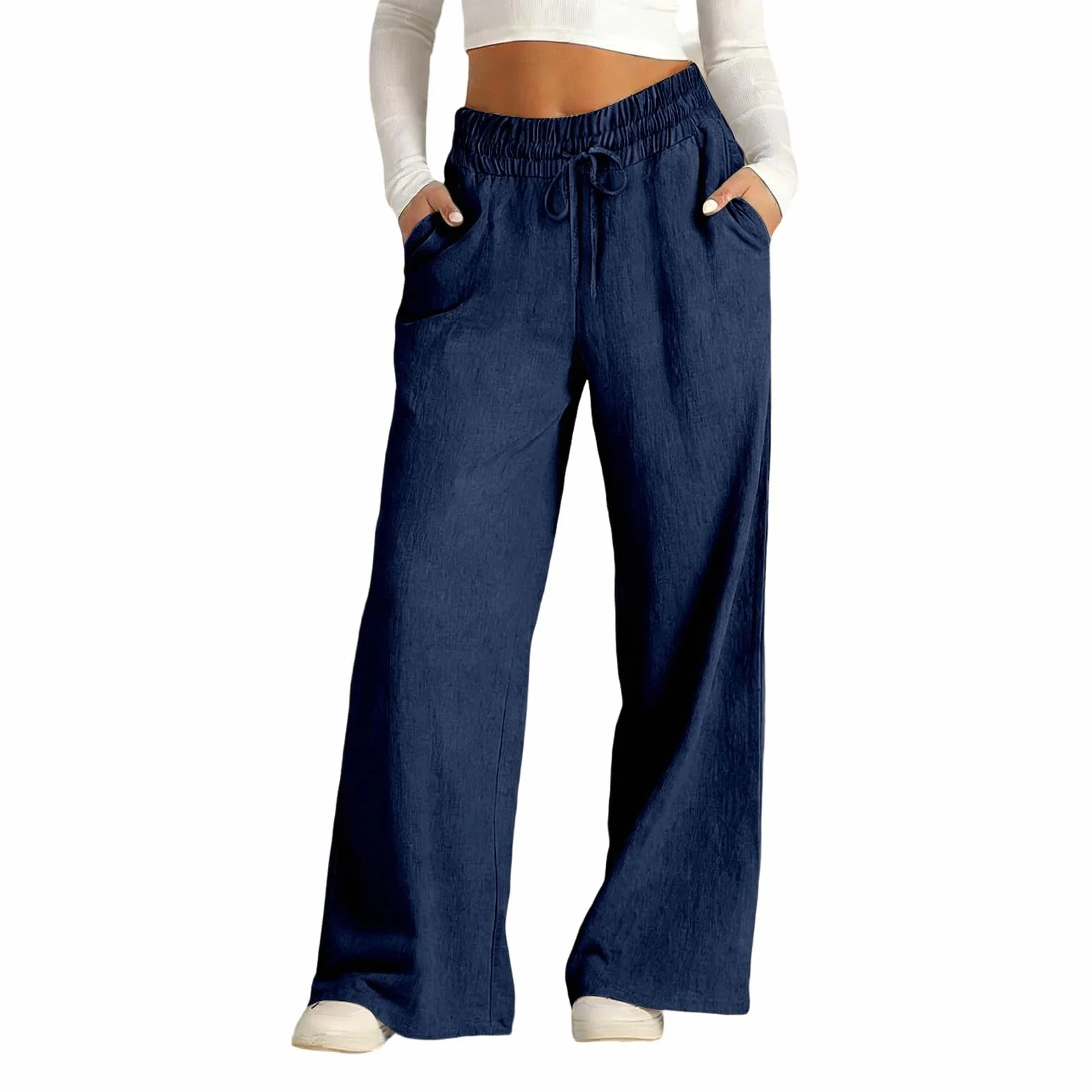 Pantalon Fluide Femme Été Léger Pantalon en Lin Décontracté Taille Elastique Pants à Jambes Larges avec Poches Respirant Confortable Pantalons Ample de Plage