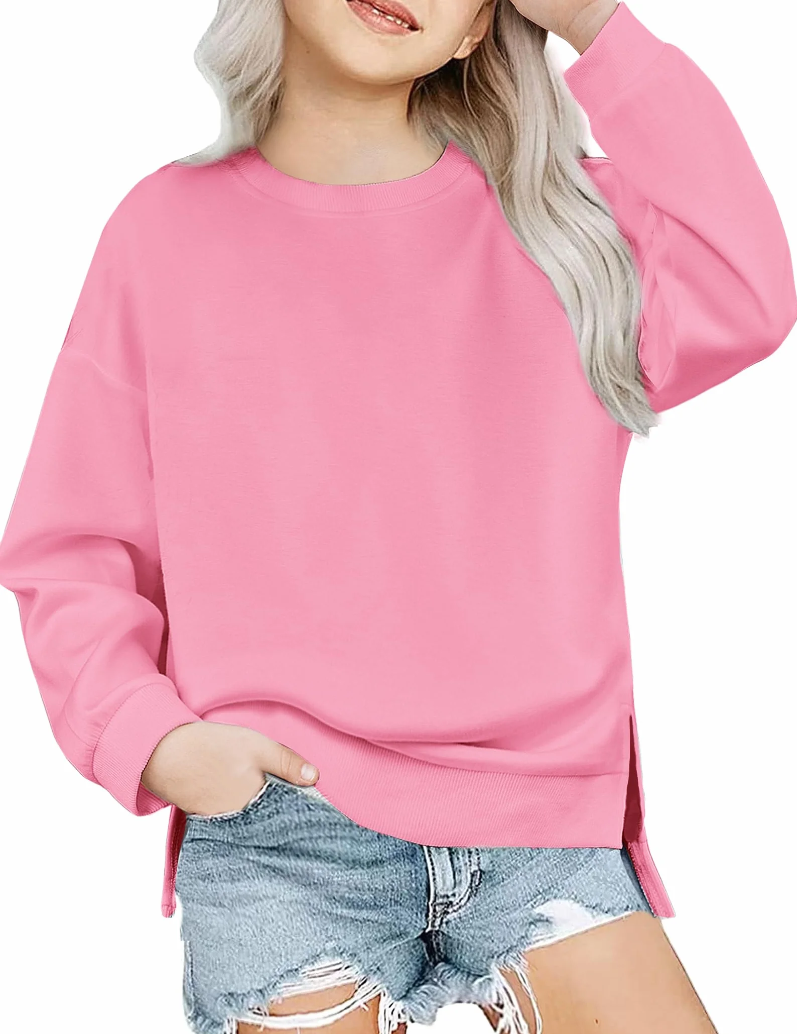 Arshiner Filles Sweatshirt Ultra Confortable Enfant Automne Hiver Col Rond Couleur Unie Pull Mode Loisirs Manches Longues Sweat pour Fille 5-14 Ans