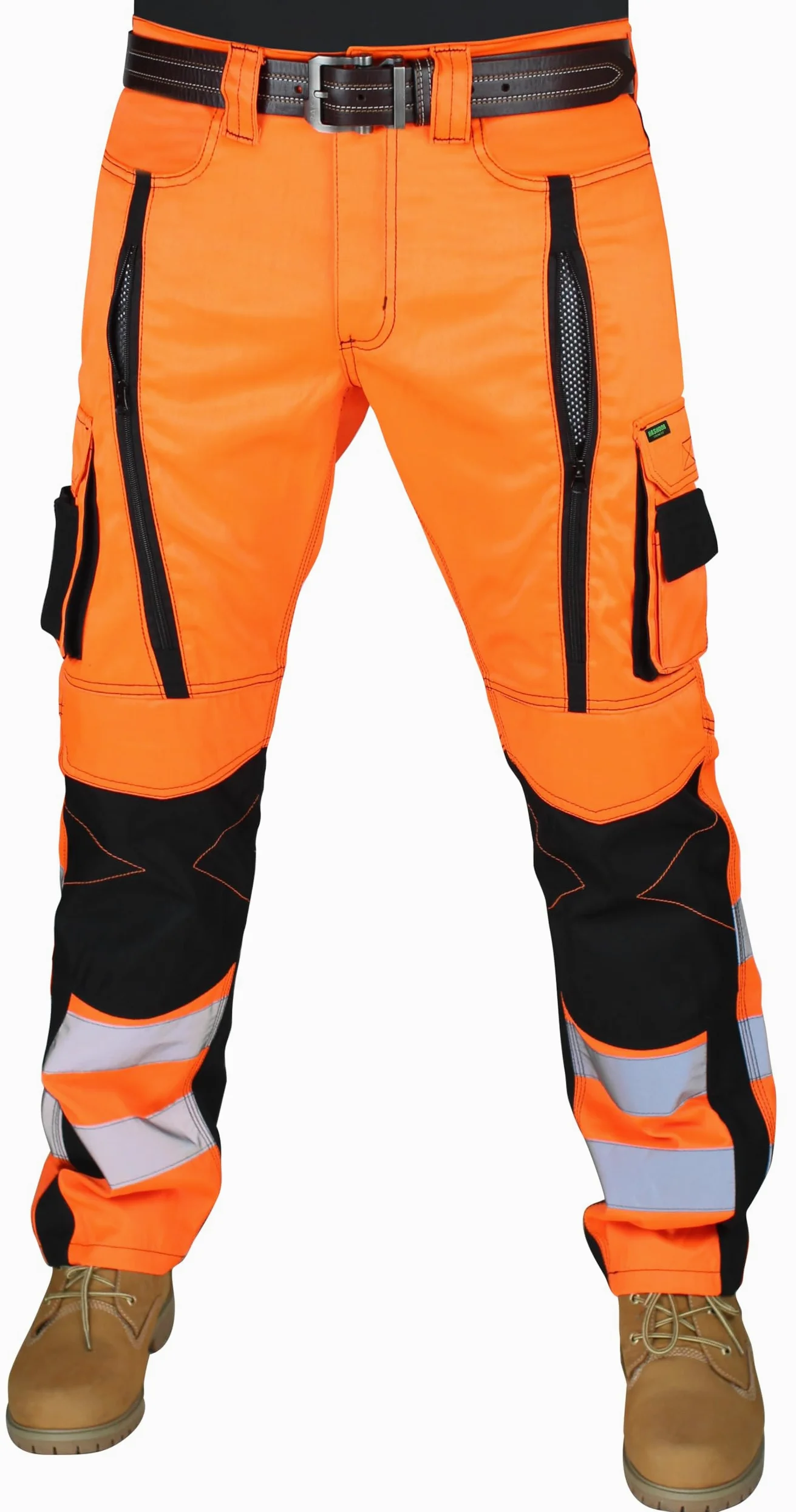 RAK Pantalon de sécurité pour homme avec bande haute visibilité sur le devant Grande fermeture éclair pour ventilation d'air Poches genouillères Triple couture Multi poches avec porte-outils