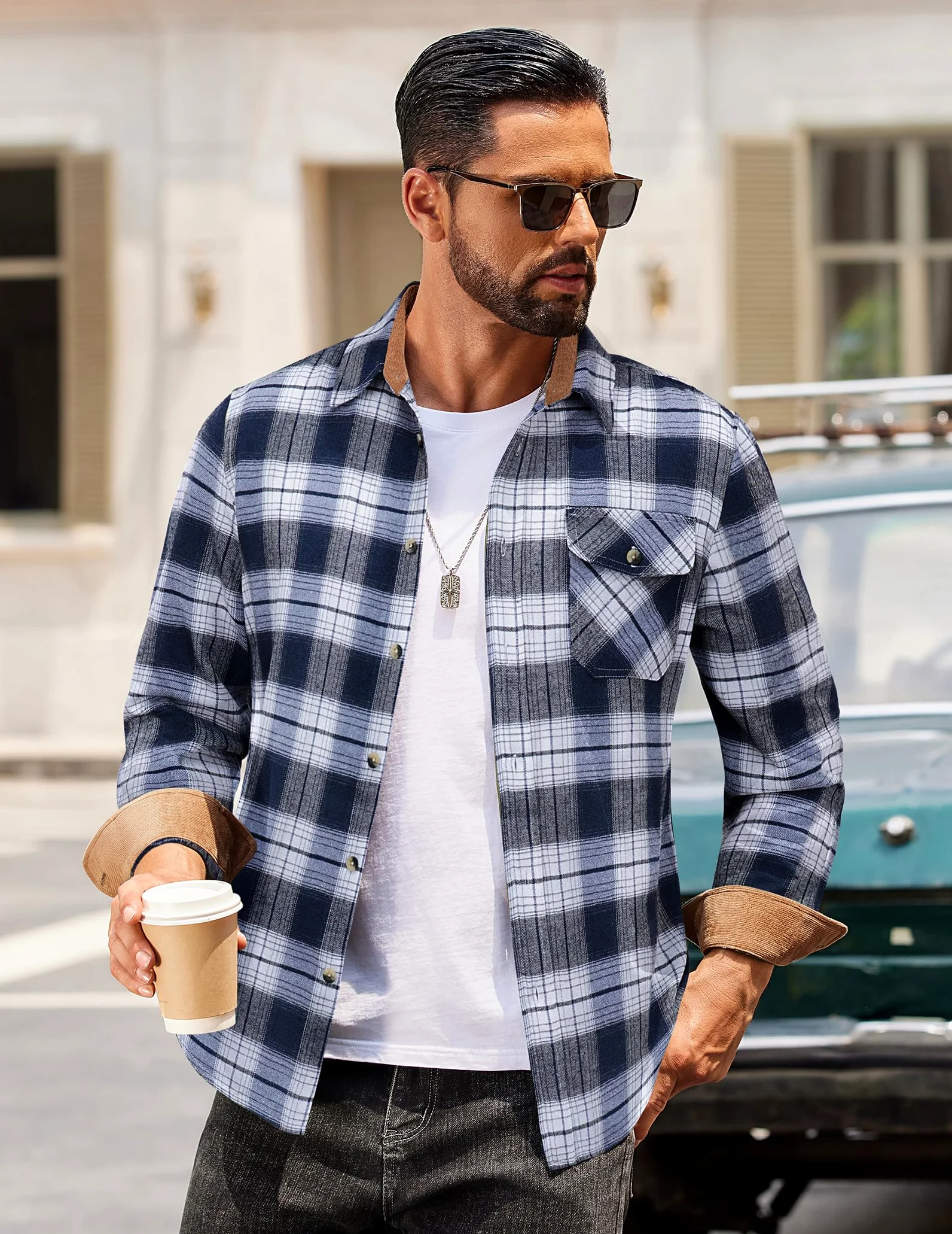 COOFANDY Chemise à carreaux décontractée boutonnée à manches longues en flanelle pour homme avec poche