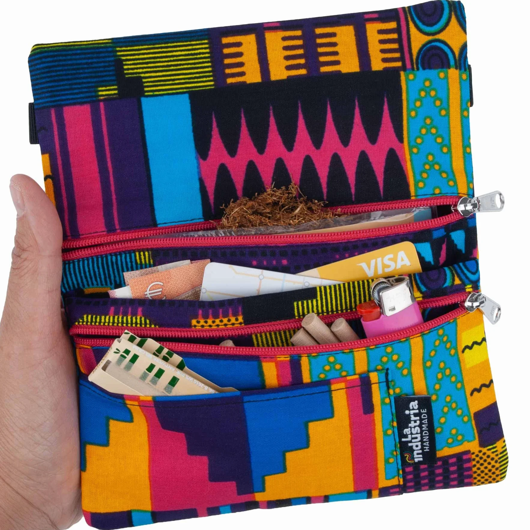 Pochette à Tabac Étui avec Compartiments pour Tabac à Rouler, Feuilles, Filtres et Briquet, Cartes et Billets (Ghana)