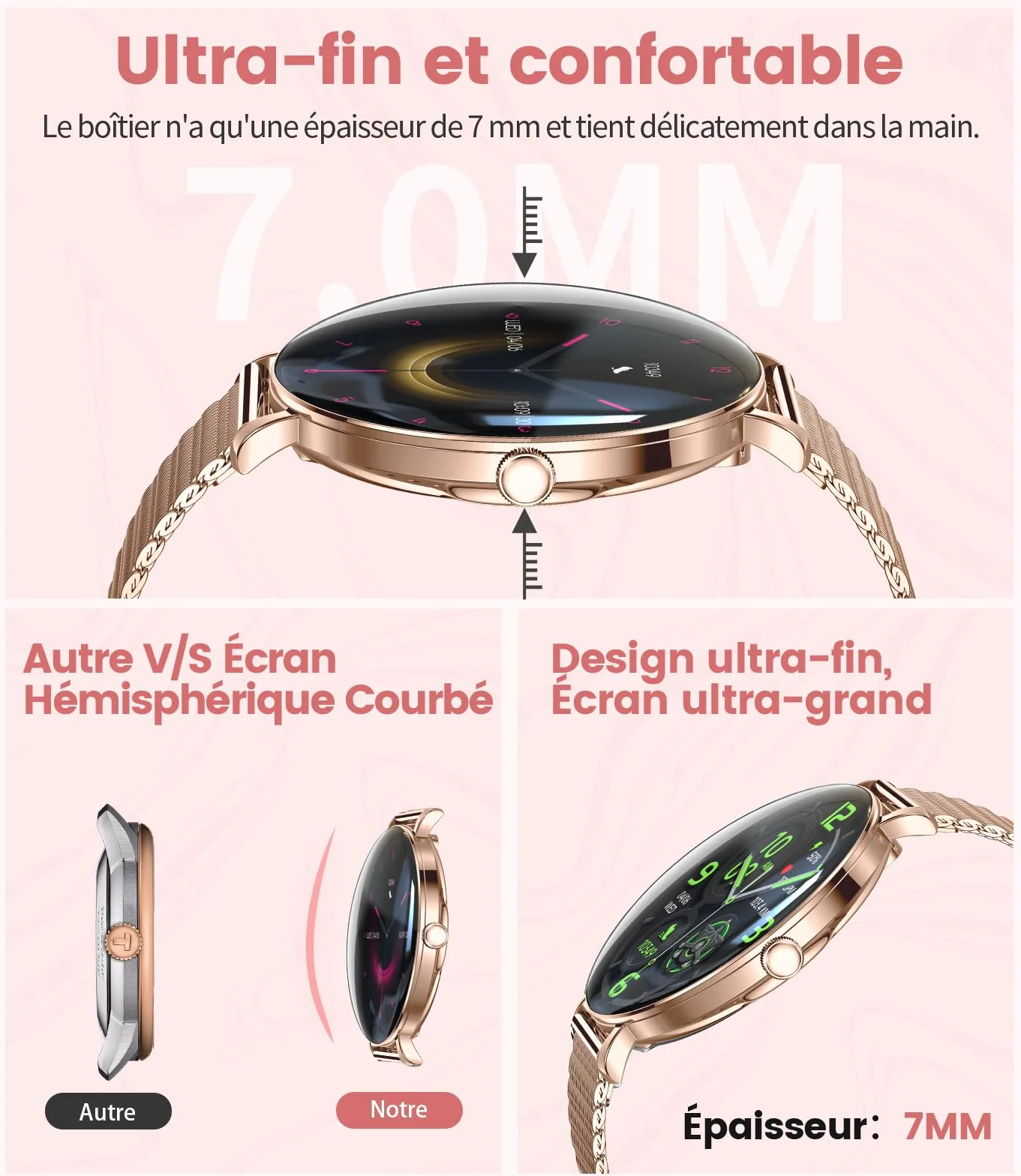 Léger Montre Connectée Femme avec Extra-plat Écran Courbé AMOLED Bluetooth Appels Podómetro/Fréquence Cardiaque 100+ Modes Sportifs 5ATM Imperméable Smartwatch pour Femme Android iOS Rose Dorée