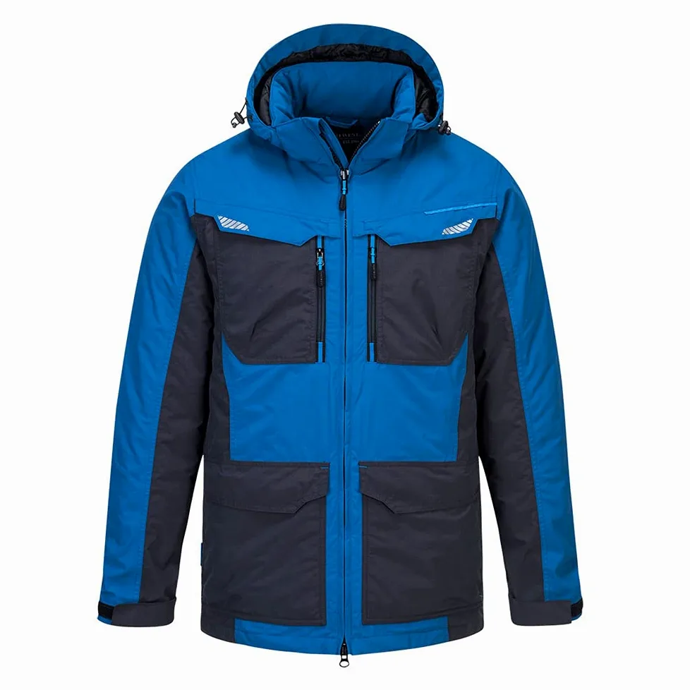 Portwest T740 Parka WX3 Imperméable à L'eau avec Coutures Poche Téléphone | Persian Blue, XL, EN 343 Classe 3:1, Cordon de Serrage, 11 Poches, Manchette en Tricot, Capuche Détachable