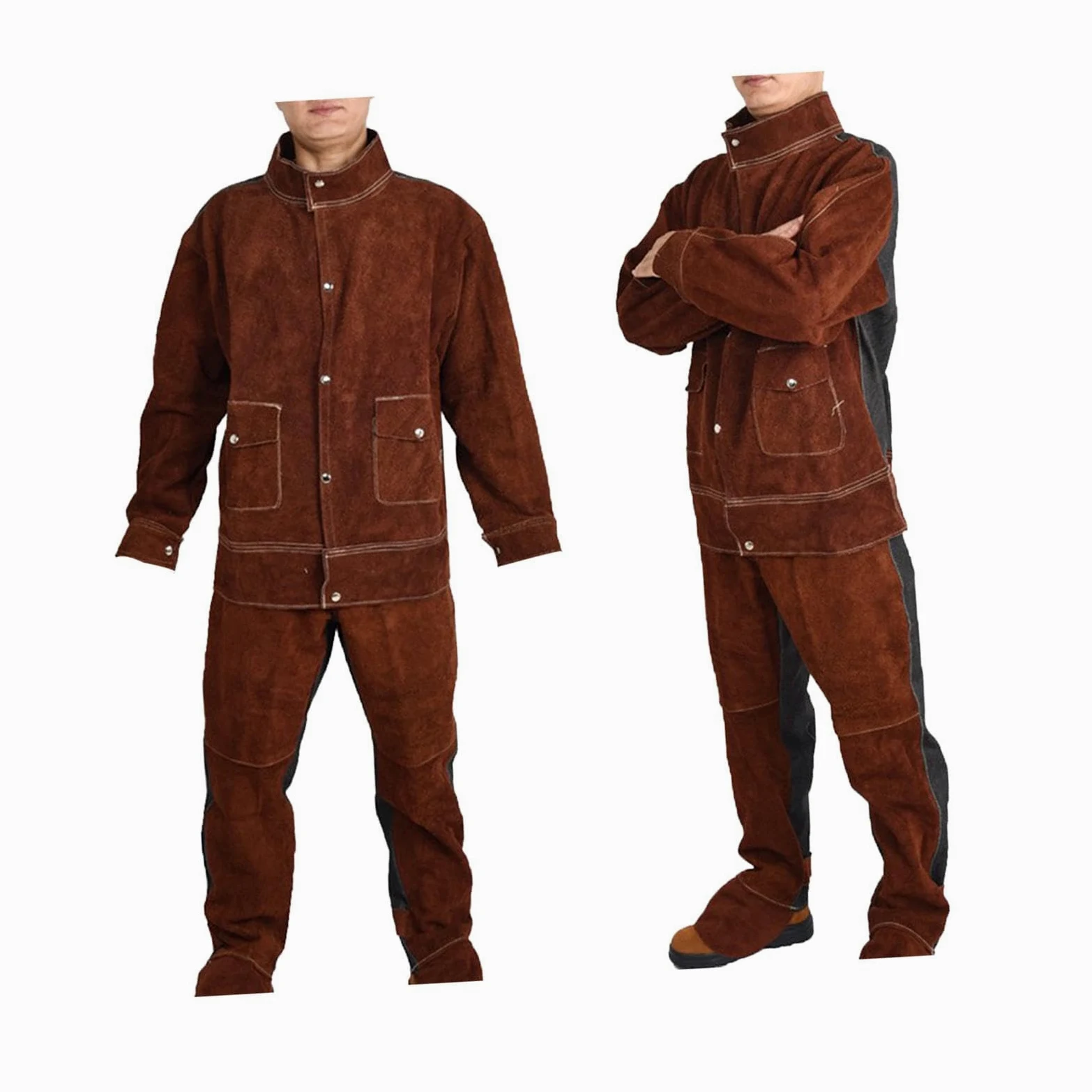 Veste de Soudage En Cuir, Pantalon, Veste de Soudeur En Cuir Résistant à La Flamme Costume, Salopette de Soudeur, équipement de Protection, Tablier de Soudager Résistant à La Chaleu, Brun, xl
