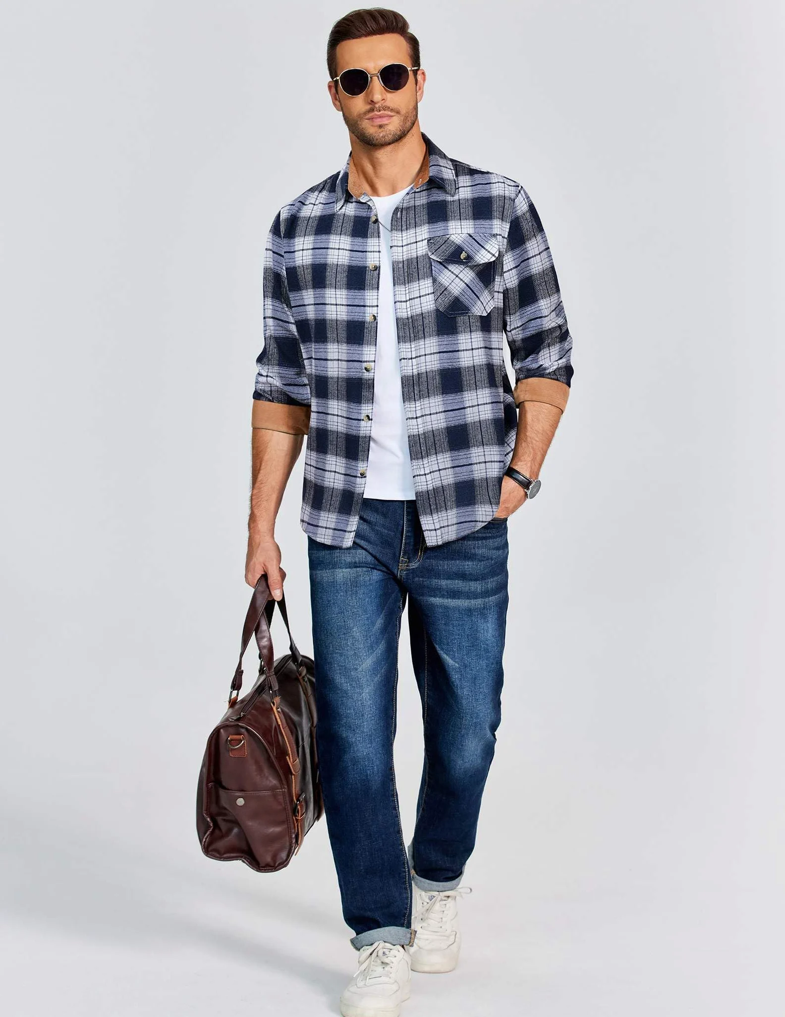 COOFANDY Chemise à carreaux décontractée boutonnée à manches longues en flanelle pour homme avec poche