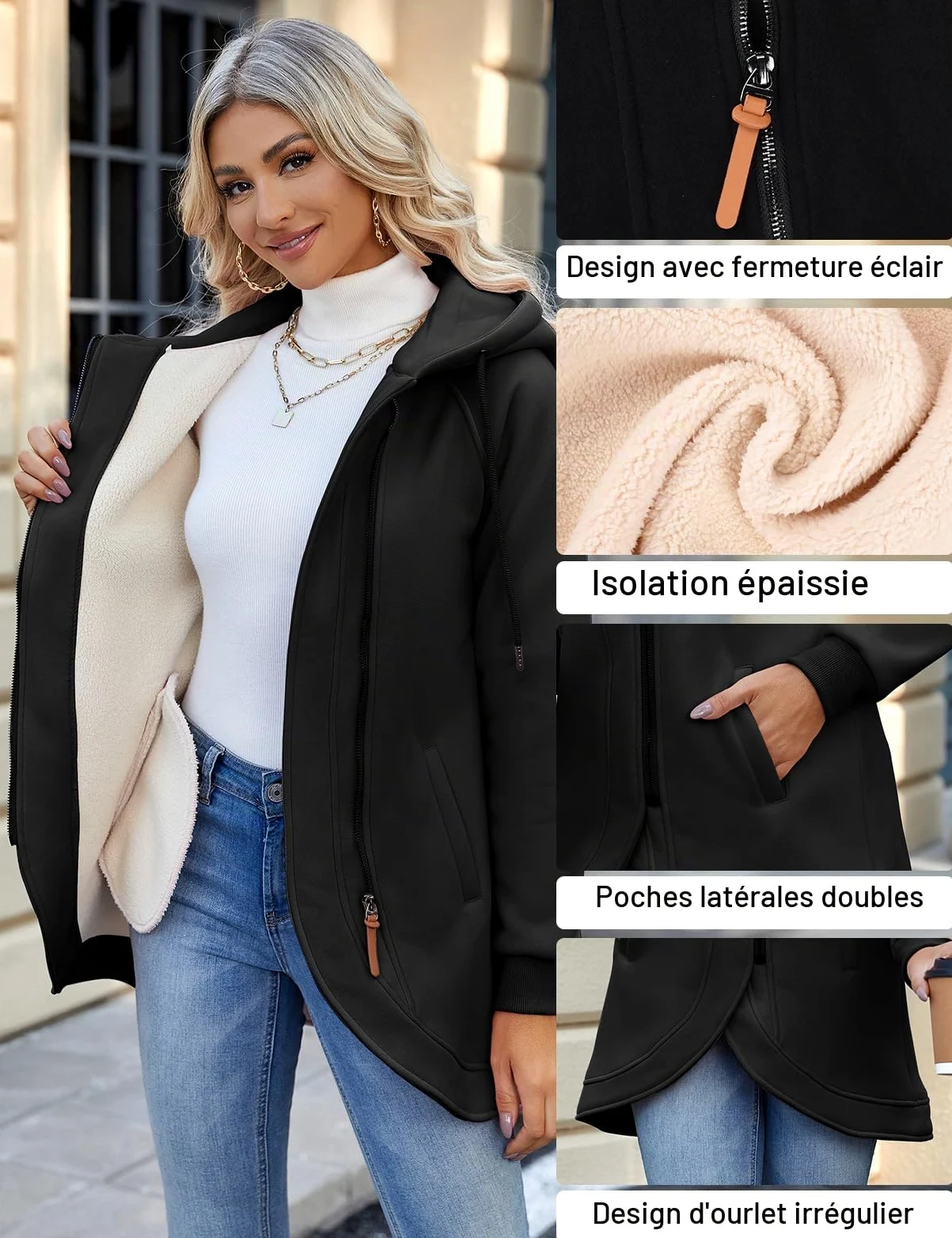 Voqeen Veste Polaire Femme Manches Longues Sweat à Capuche Sweat Zippé Hoodie Manteaux Femme Hoodie Hiver Veste d'hiver Doublé Polaire Chaud