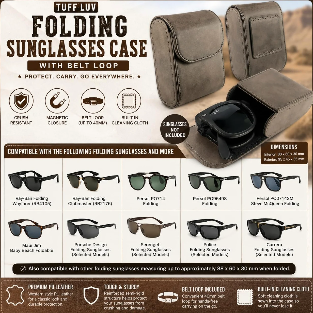 TUFF LUV Étui de lunettes de soleil pliable anti-écrasement, compatible avec Ray-Ban Folding Wayfarer, Clubmaster, Persol PO714 et plus encore, pochette ceinture en cuir synthétique avec fermeture