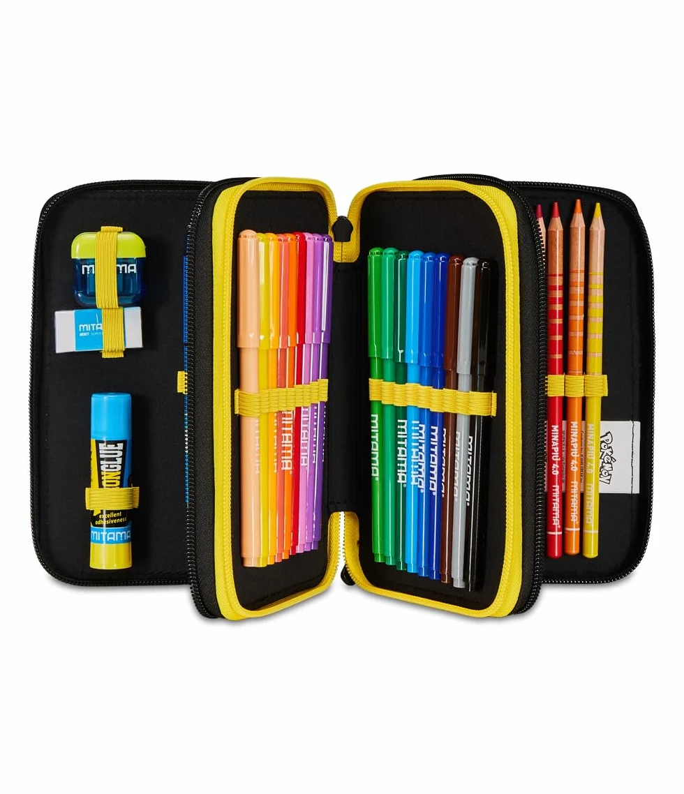 Pikachu Pokemon Trousse Scolaire 3 Compartiments Jaune Rouge Porte-Stylo