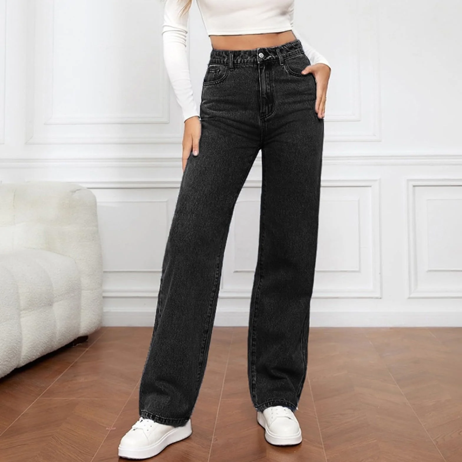 Jean Femme Taille Haute- Pantalon De Travail Droit Décontracté Palazzo Chic Et Élégants Classiques Simple Confortable Coupe Ample Passe-Partout Basique De Tous Les Jours Doux Pants