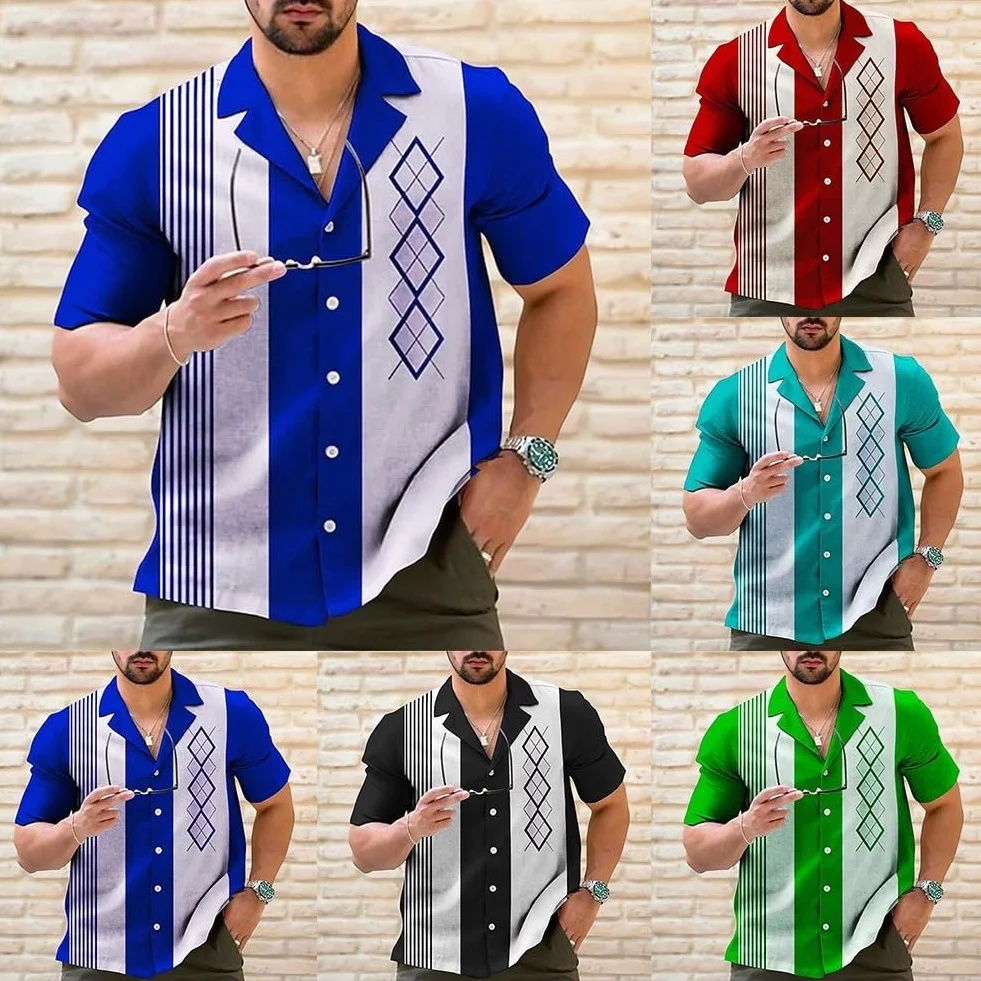 Chemise de bowling rétro à rayures pour homme, style décontracté, vintage, manches courtes, boutonnée (XL noir)