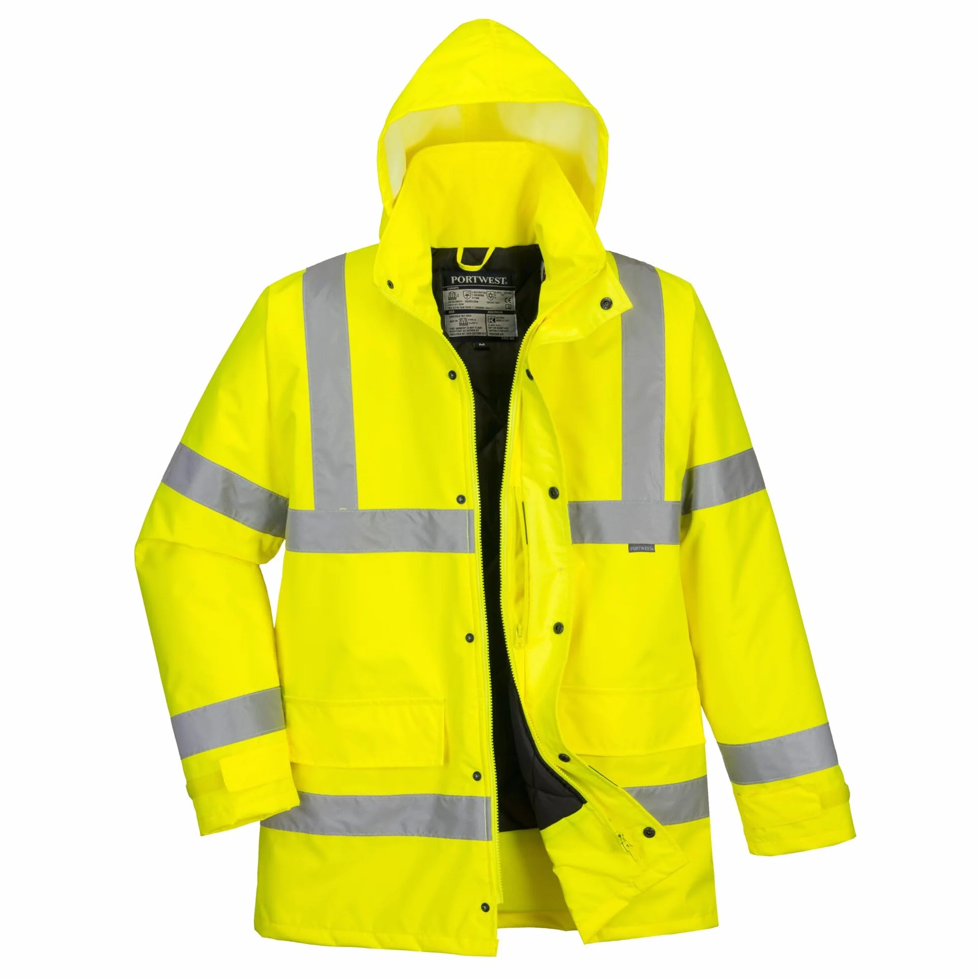 Portwest S460 Parka Imperméable Poche Poitrine Intérieure Haute Visibilité | Jaune, XL, EN ISO 20471 Classe 3, EN 342, Bande Réfléchissante, Poignets Bords Cotes, Zip à Double Curseur, Coupe-Vent