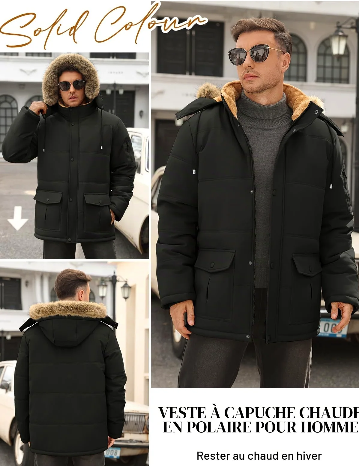 TOMEEK Manteaux Homme Hiver Parka Chaud Veste en Polaire Décontracté Blousons Epaissie Manteaux Thermique Coupe-vent Veste avec Poches Capuche Amovible Outdoor Manteau