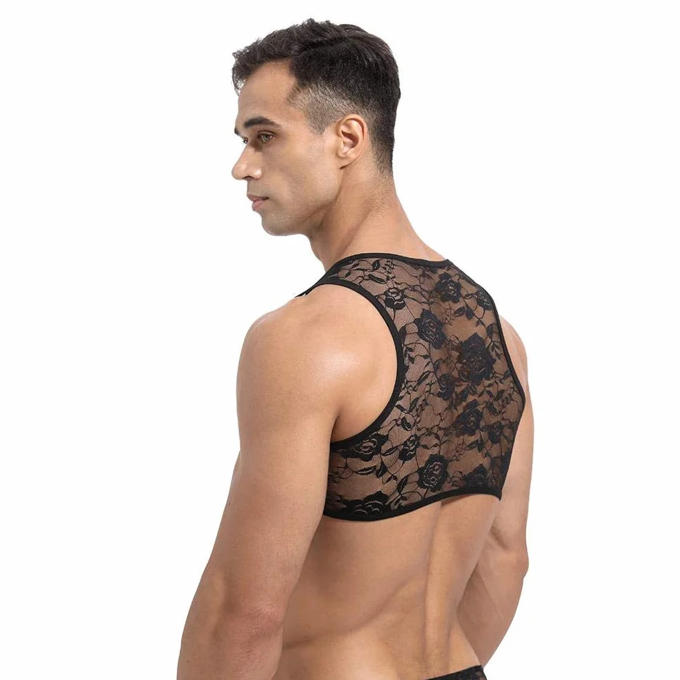 Hommes sous-vêtement Dentelle Florale Maillot Corps Gilets Sport Haut Maille Transparente Voir à Travers Chemise Musclée Haut Court Tricot Corps Vêtement Sport
