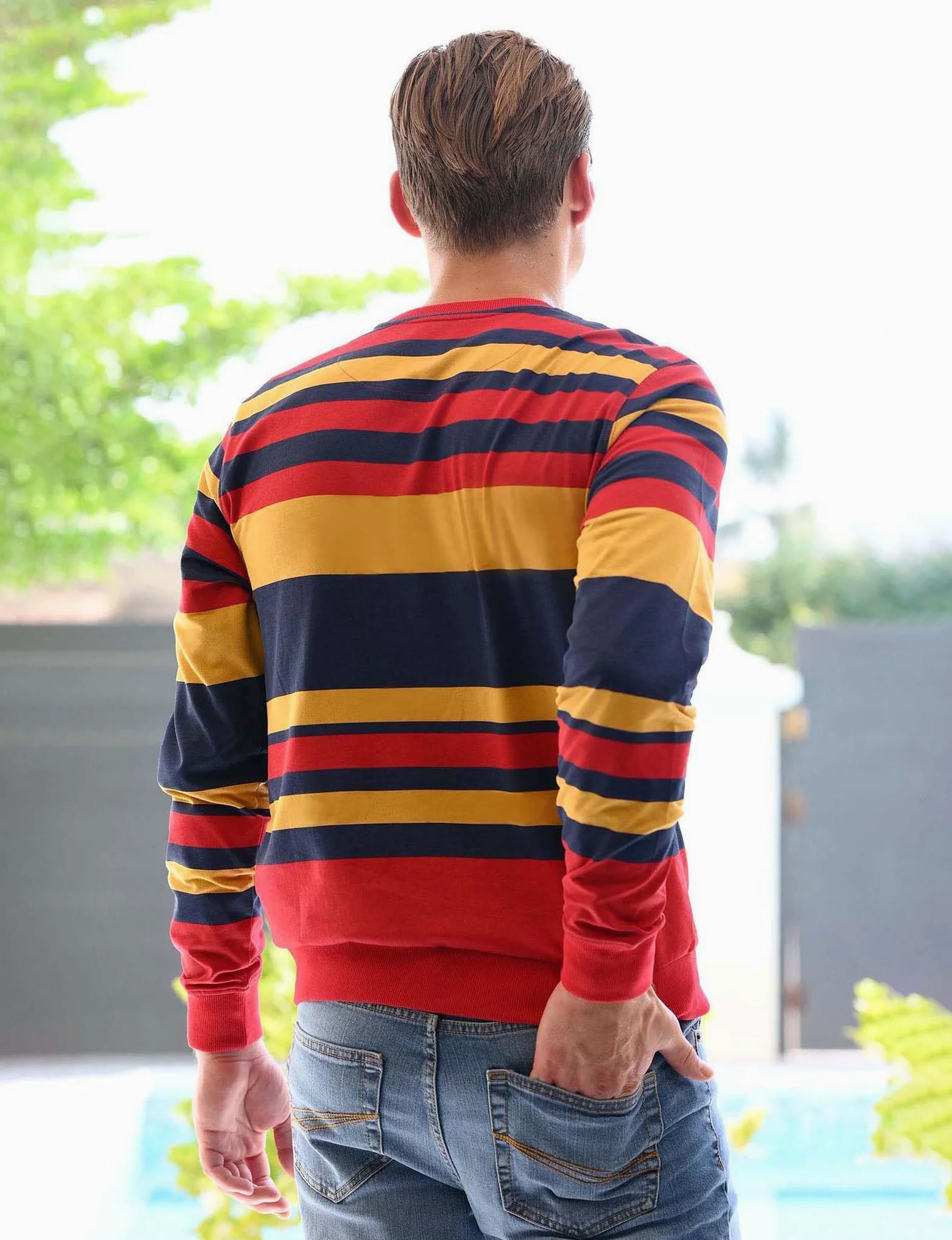 Sweat-shirt classique à rayures pour homme – Pull à col rond avec manches longues, poignets et ourlet côtelés solides – Tissu éponge doux au toucher, décontracté et tendance